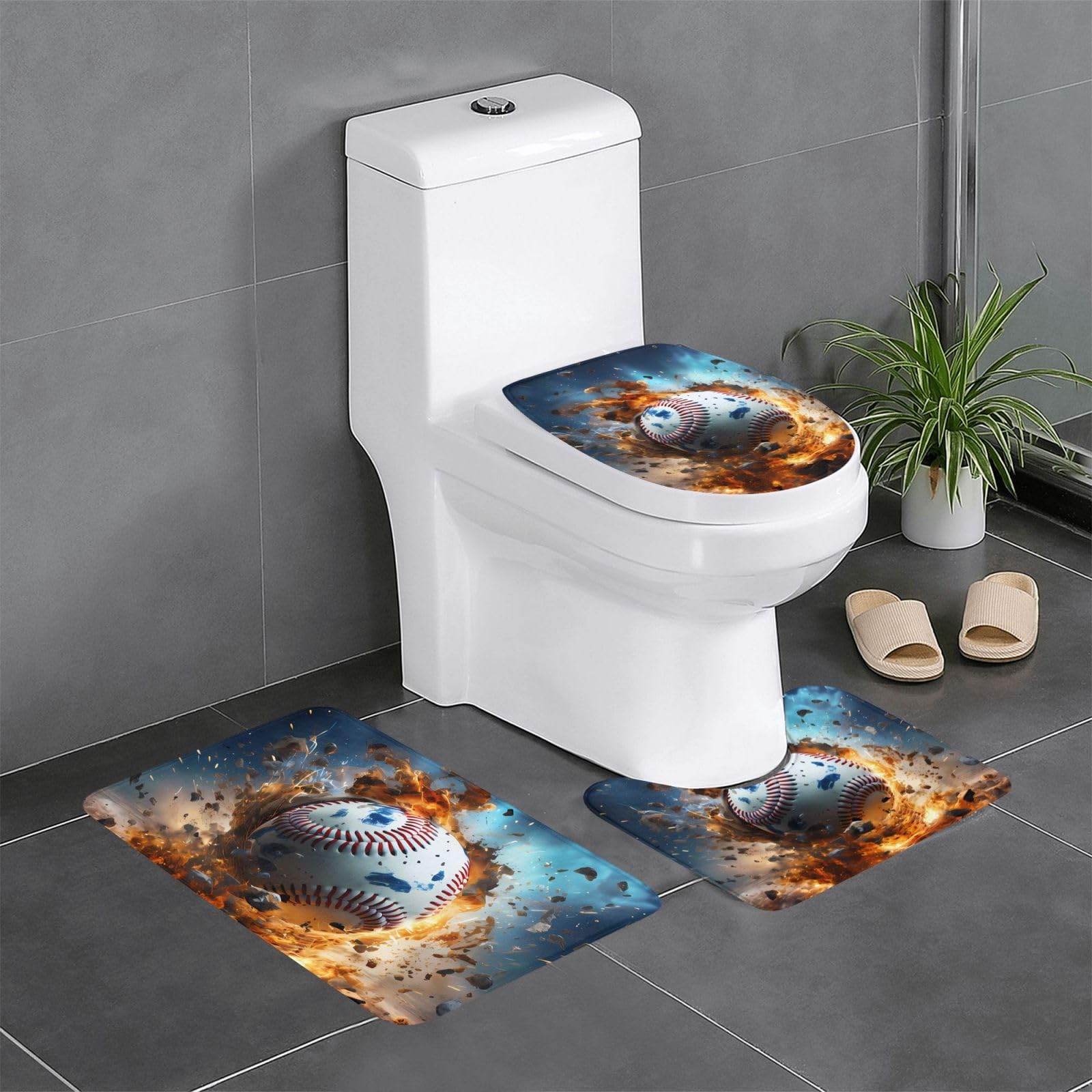 Tapis de salle de bain antidérapants baseball en lot de 3 pièces pour WC et vasque