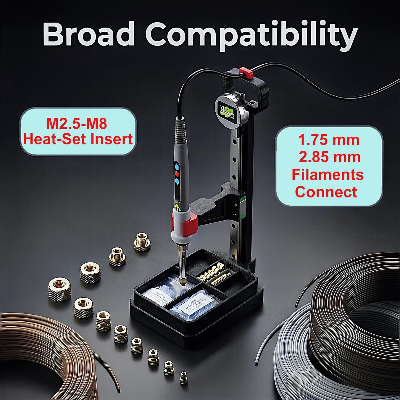Vertical Heat‑Set Insert Press Tool, 3‑in‑1 for Brass Heatset Insert Installation, 1.75mm & 2.85mm Filament Splicer, 60W Digital Soldering Iron, Linear Rail Guided, with Storage Base