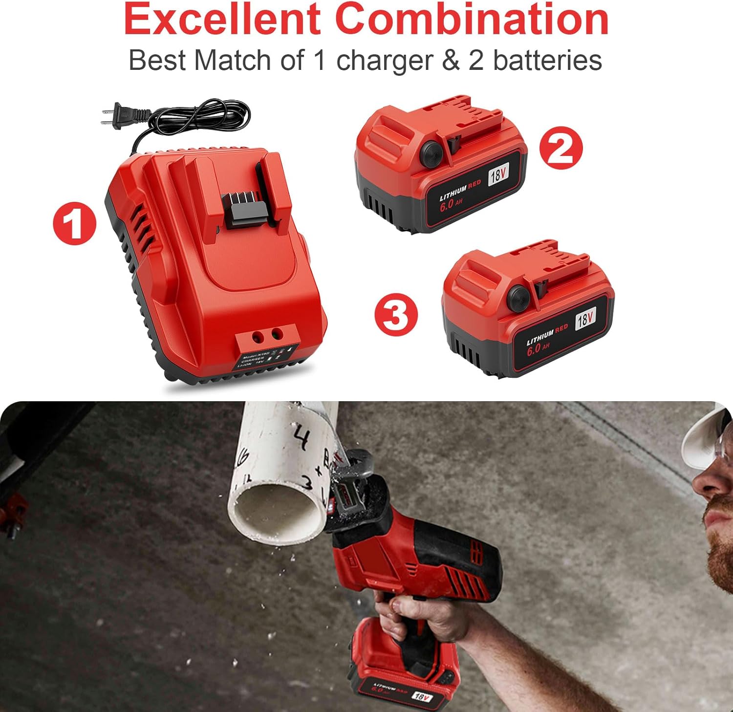 KOOMICY 2Pack 18V 6.0Ah Batteries Replacement for Milwaukee M-18 Battery and 1 Charger Set