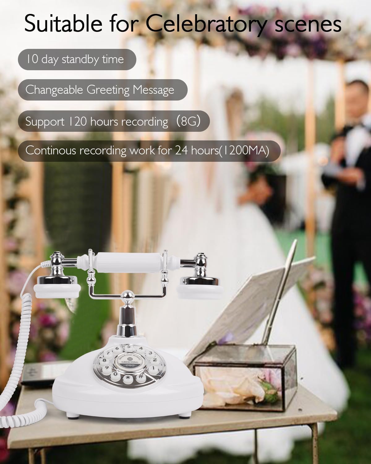 Audio Guest Book Wedding Phone, Audio Guest Book Recording After the Tone, Leave a Message Phone for Weddings, Graduations, Birthdays (Retro White)