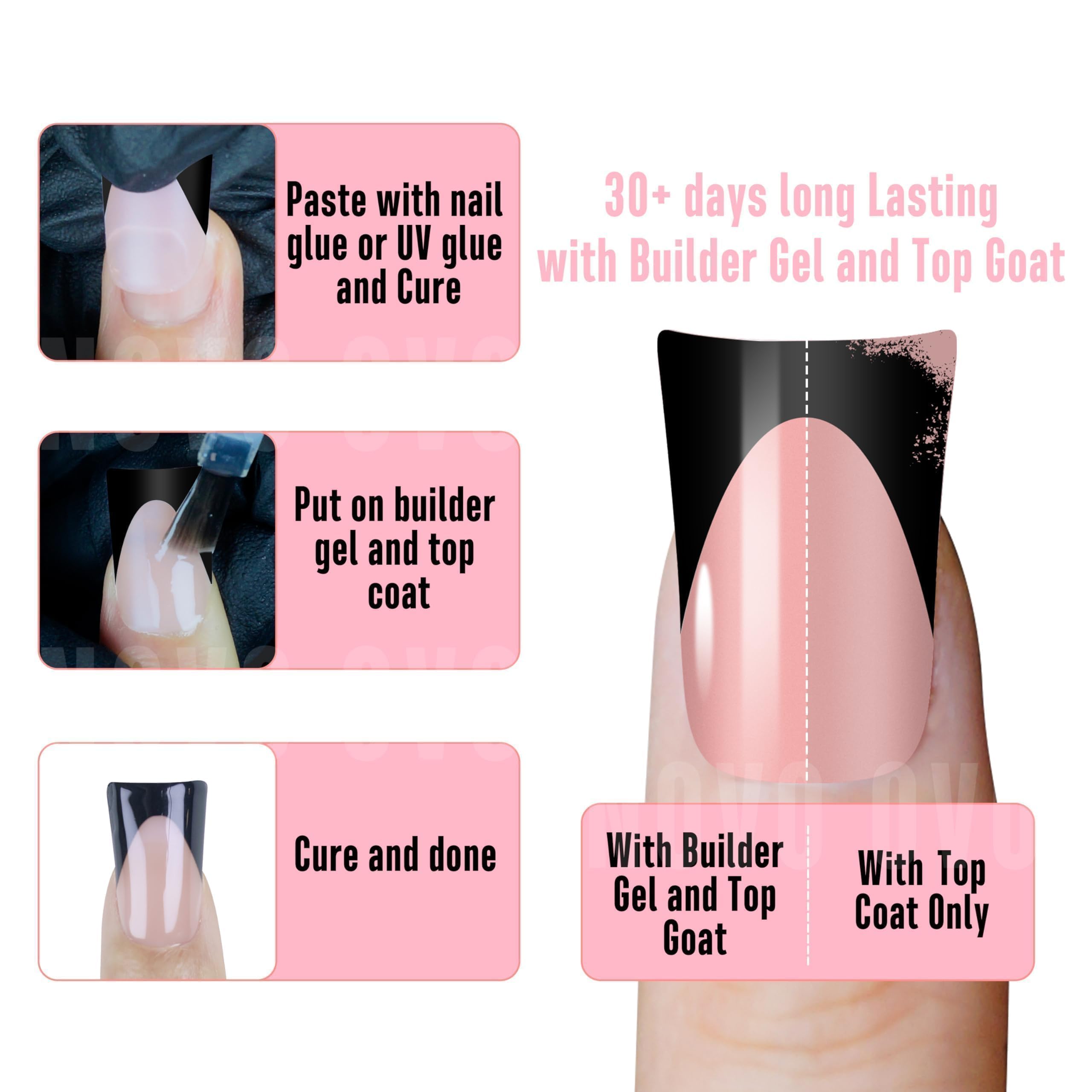 NOVO OVO Halloween Black French Tip Short Duck Nail Tips Press on, BABY PINK Pre-designed Soft Gel Nail Extension - Image 3