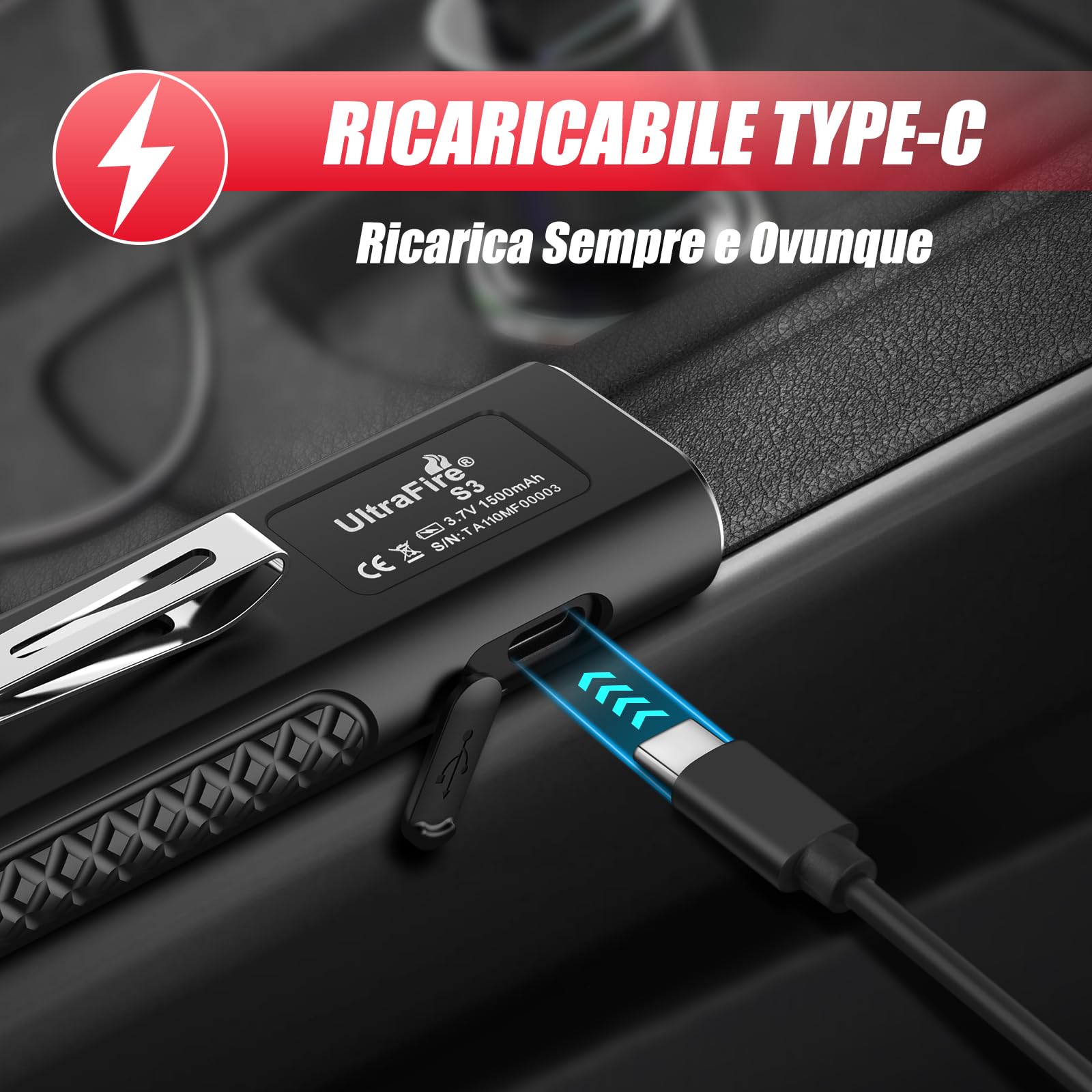UltraFire Torcia a LED piatta ricaricabile con luce UV e raggio rosso, 1200 lumen, mini torcia tattica con 3 sorgenti luminose, torcia magnetica compatta per lavoro, attività all'aperto, S3