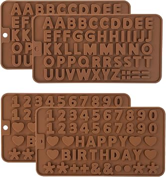 4 PCS Silicone Chocolate Molds, Silicone Letter Molds and Number Chocolate Mold with Happy Birthday Cake Decorations Symbols, Candy & Chocol Mold for Cookie Ice Candy 4 Letter Moulds