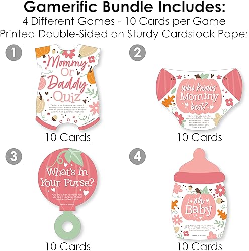 Miniatura 3 de Big Dot of Happiness Girl Little Pumpkin - 4 juegos de baby shower de otoño - 10 cartas cada uno - Quién sabe mejor a mami, cuestionario de mamá o