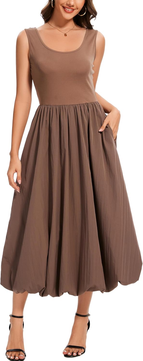 Kormei Women Sleeveless Casual Summer Beach Tank Long Dress A line Pleated Floral Flowy Sundress with Pockets