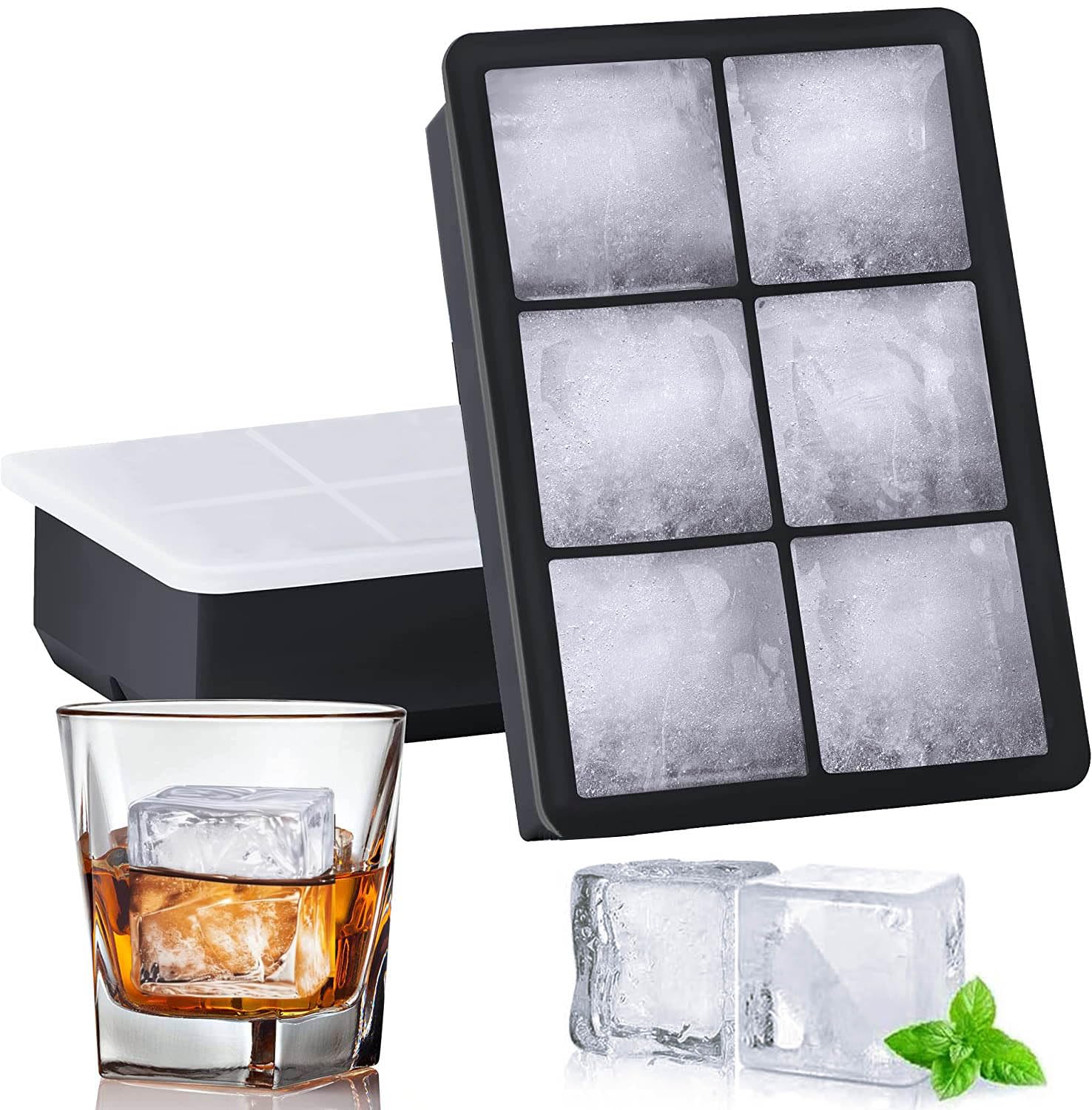 Jisile Silicone Ice Cube Trays 2 Pack, Large 6-Cavity Square Ice Cube Moulds with Spill-Resistant Lid