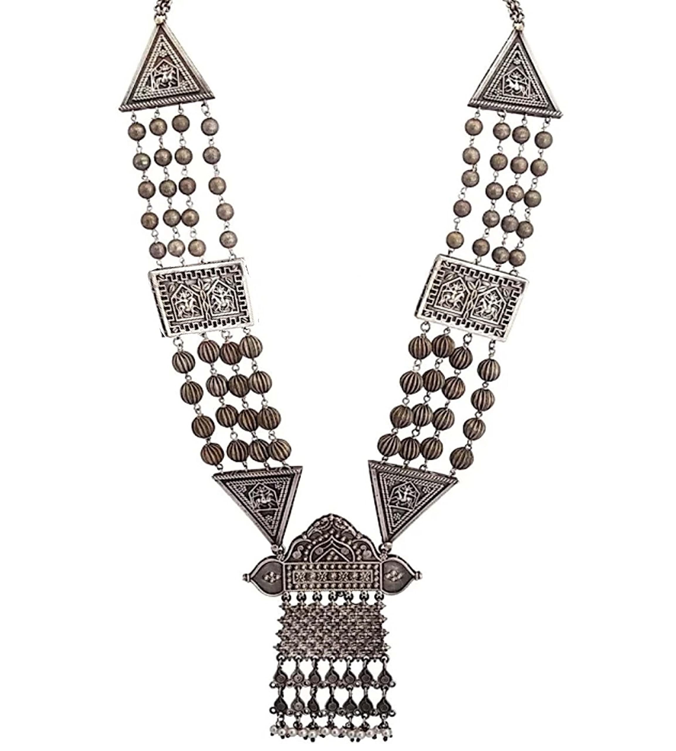 Total Fashion Traditional Oxidized German Silver Triple Layer Boho Style Long Necklace Set for Women (Silver) (B0831KG85D) Amazon Price History, Amazon Price Tracker