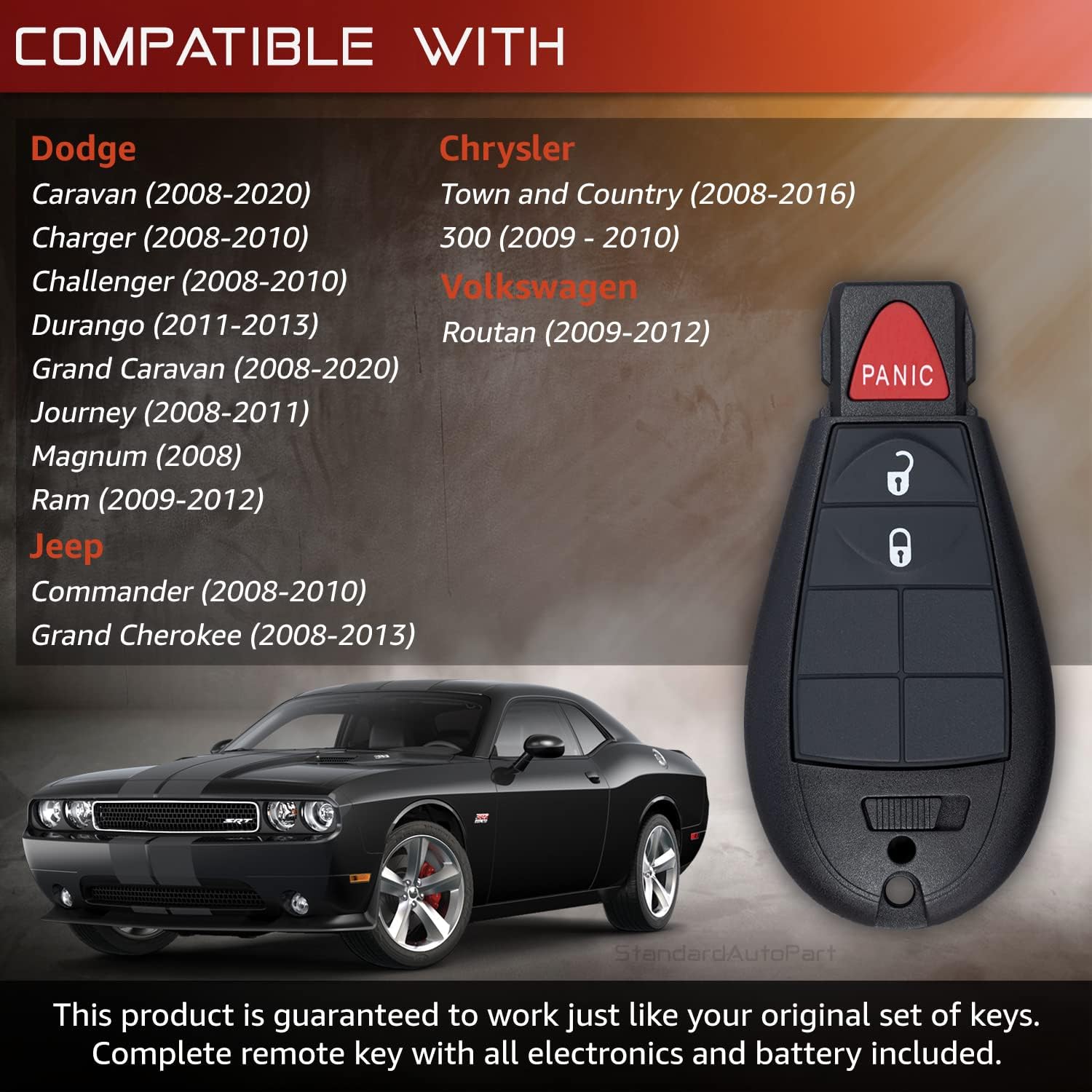 StandardAutoPart Premium Replacement Car Key for Grand Caravan Journey Durango Ram Town and Country M3N5WY783X IYZ-C01C (Complete Key, 2 Button)