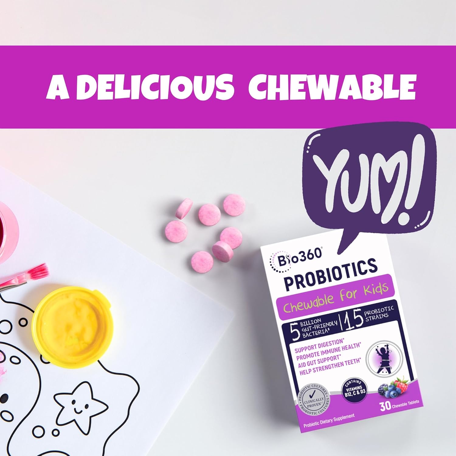 Bio360 Probiotics for Kids - 15 Strains & 5 Billion CFU Supports Brain, Immune & Digestive Health - Kids Probiotic Chewable with Organic Prebiotics for Gut & Constipation, Mixed Berry Flavor, 30 Count - Image 7