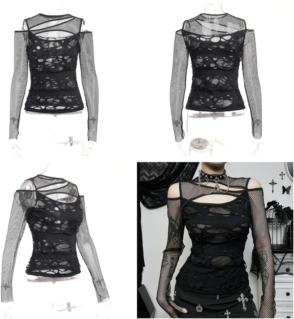 Women's Gothic T-Shirt Goth Crop Top Y2k Streetwear Long Sleeve Tops Rave Shirts - Image 4