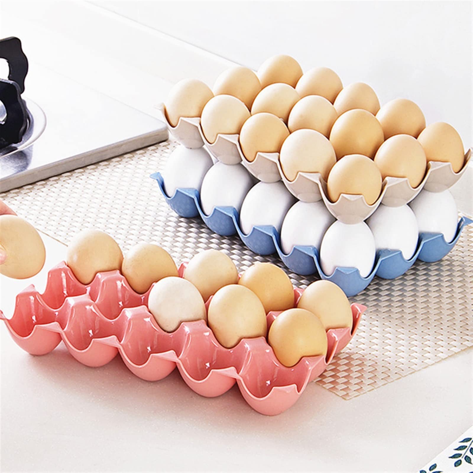 Paquete de Canasta de Huevos Soportes de Huevos para refrigerador Contenedores de Huevos de plástico con Tapa Nevera Bandeja de Huevos Caja de Almacenamiento de Huevos (Beige)