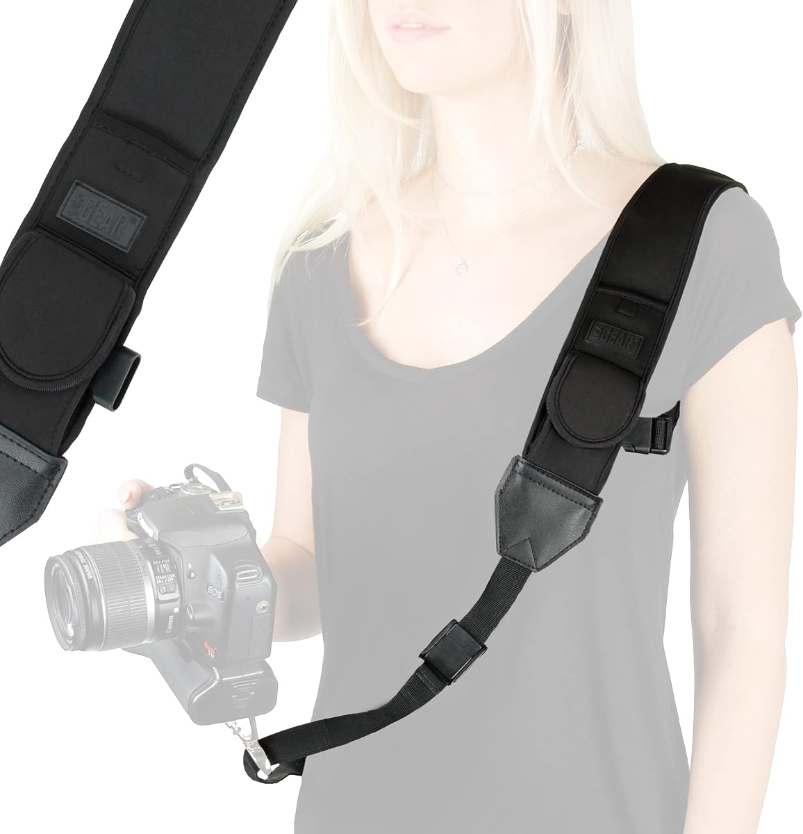 Camera Sling Shoulder Strap with Adjustable Neoprene, Safety Tether, Accessory Pocket, Quick Release Buckle - Compatible with Canon, Nikon, Sony and More DSLR and Mirrorless Cameras (Black)