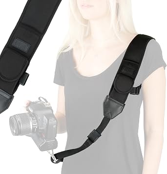 USA Gear Camera Sling Shoulder Strap with Adjustable Neoprene, Safety Tether, Accessory Pocket, Quick Release Buckle - Compatible with Canon, Nikon, Sony and More DSLR and Mirrorless Cameras Black