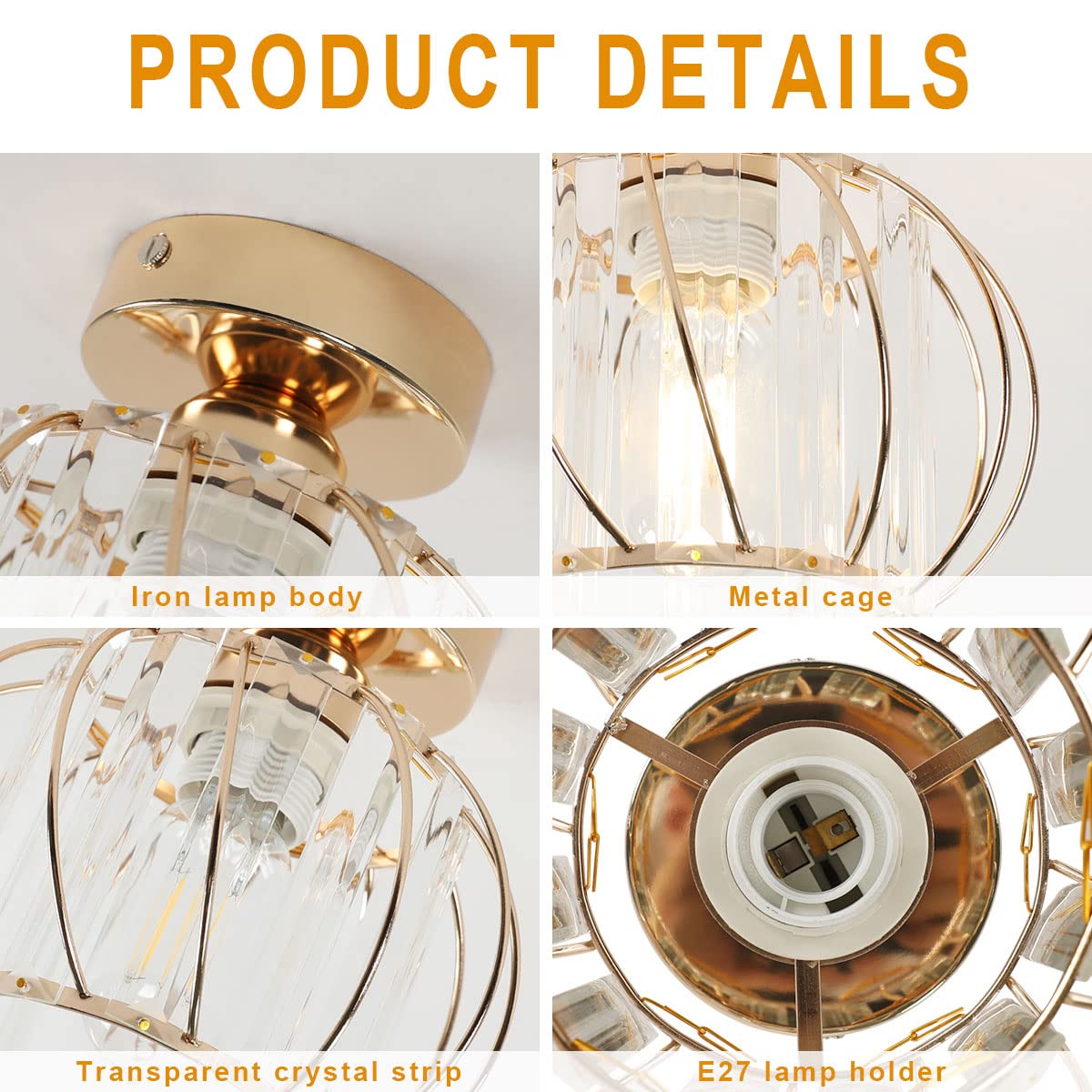 Plafonnier en Cristal Moderne E27 Mini Lustre Semi-encastré, Lampe Plafond pour Salon Chambre Entrée Couloir (Doré)