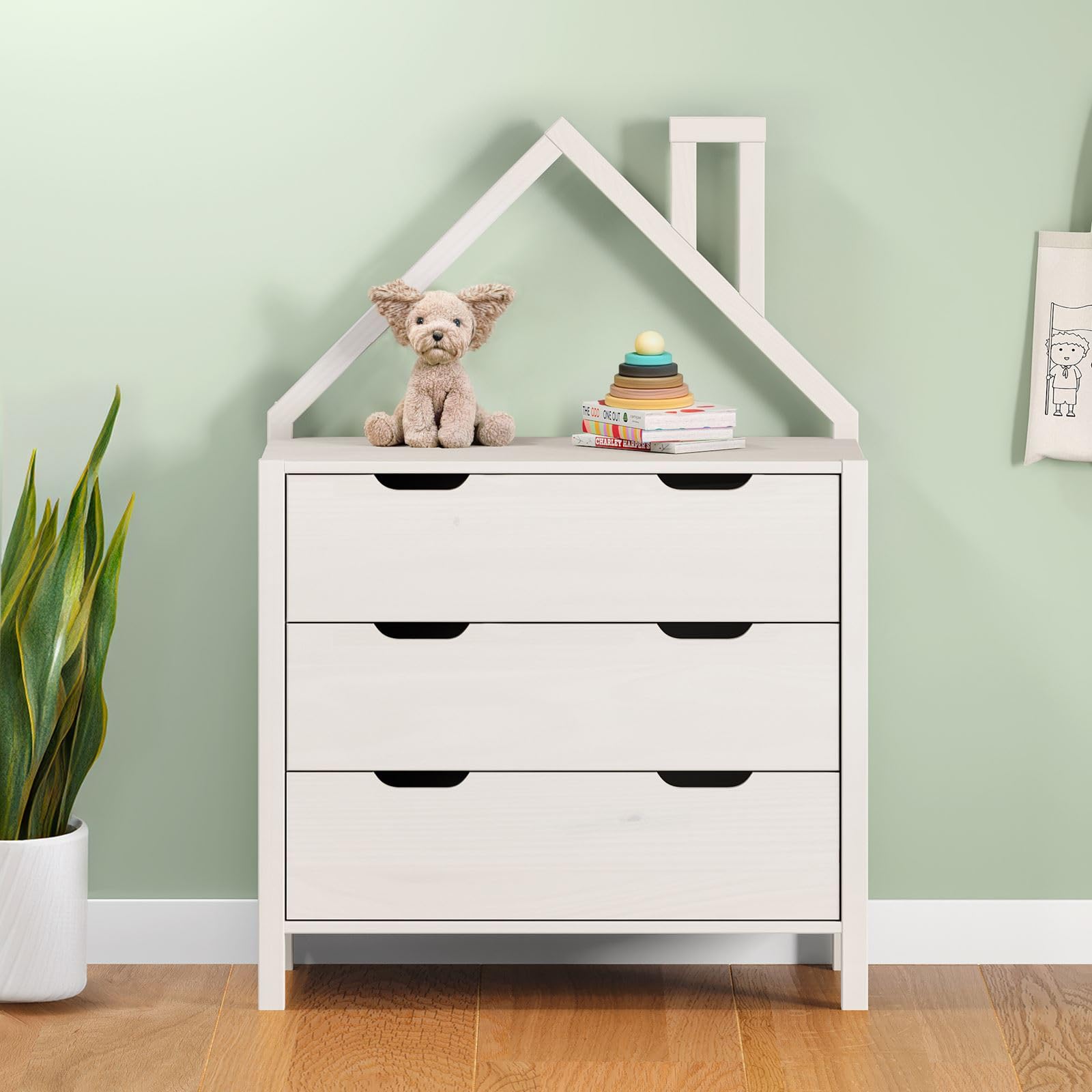 IDIMEX Kommode ELANO in Hausform - Weiß, massives Kiefernholz, 3 große Schubladen, Kinderzimmer Aufbewahrung, Kleiderschrank, Kinderzimmer möbel, Schubladenkommode