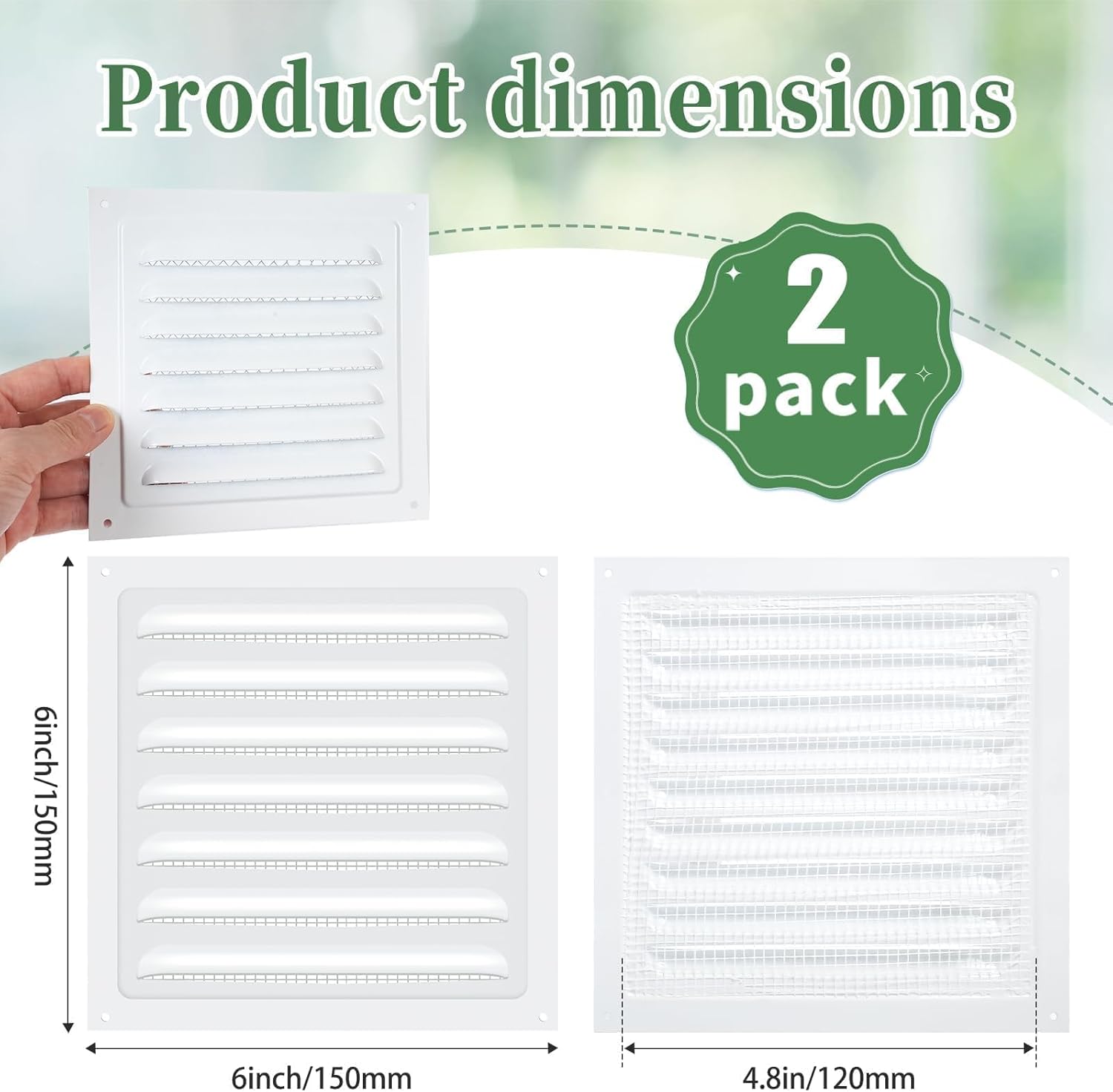 2 Pcs Gable Vent 6" x 6" Square Shed Vents Metal Attic Vent with Screen Mesh Louver Vent Grille for Exterior Door House Attic Garage Ceiling (White)