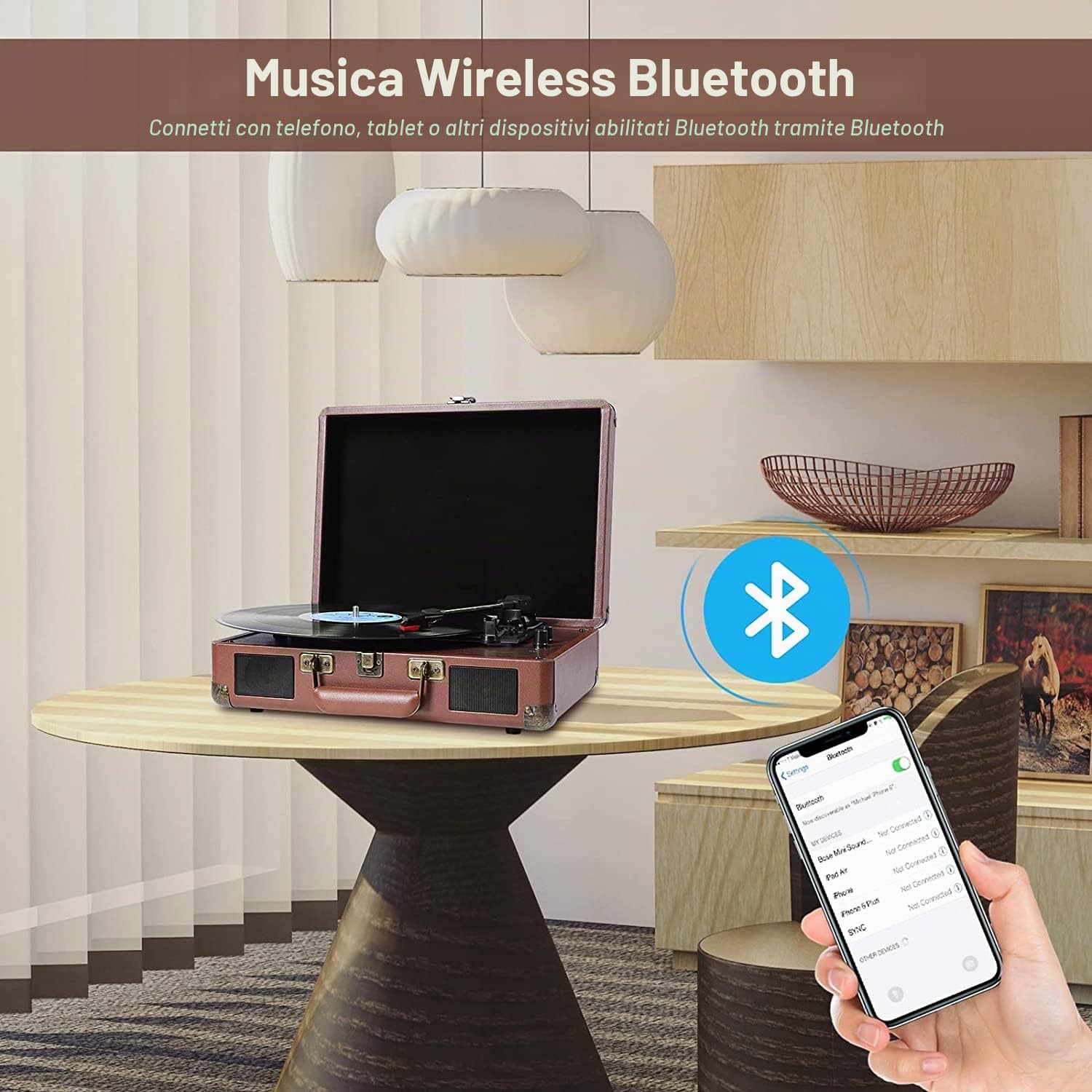 Giradischi Vintage, Giradischi Vinili Bluetooth Vintage con 33/45/78 RPM, Giradischi con 2 Casse Integrate, RCA/Aux/USB/LP, Design Valigia, Giradischi Vinile (Rosso Marrone)