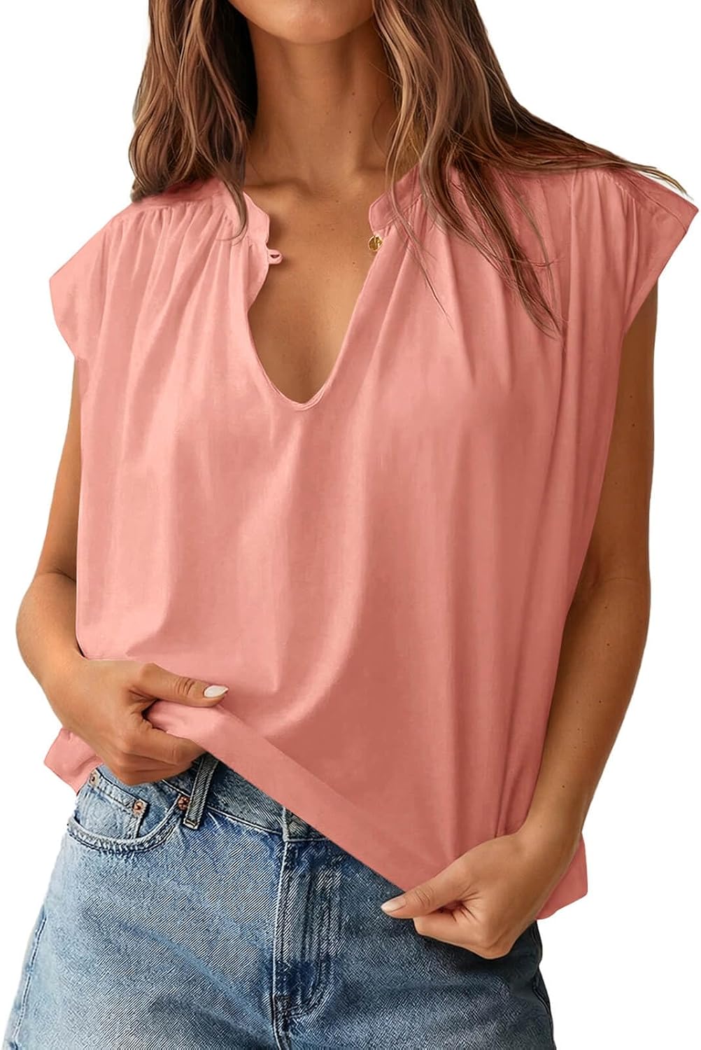 Yousify Womens V Neck Shirts Cap Sleeve Frill Trim Tunic Tops Summer Dressy Casual Loose Fit T-Shirts