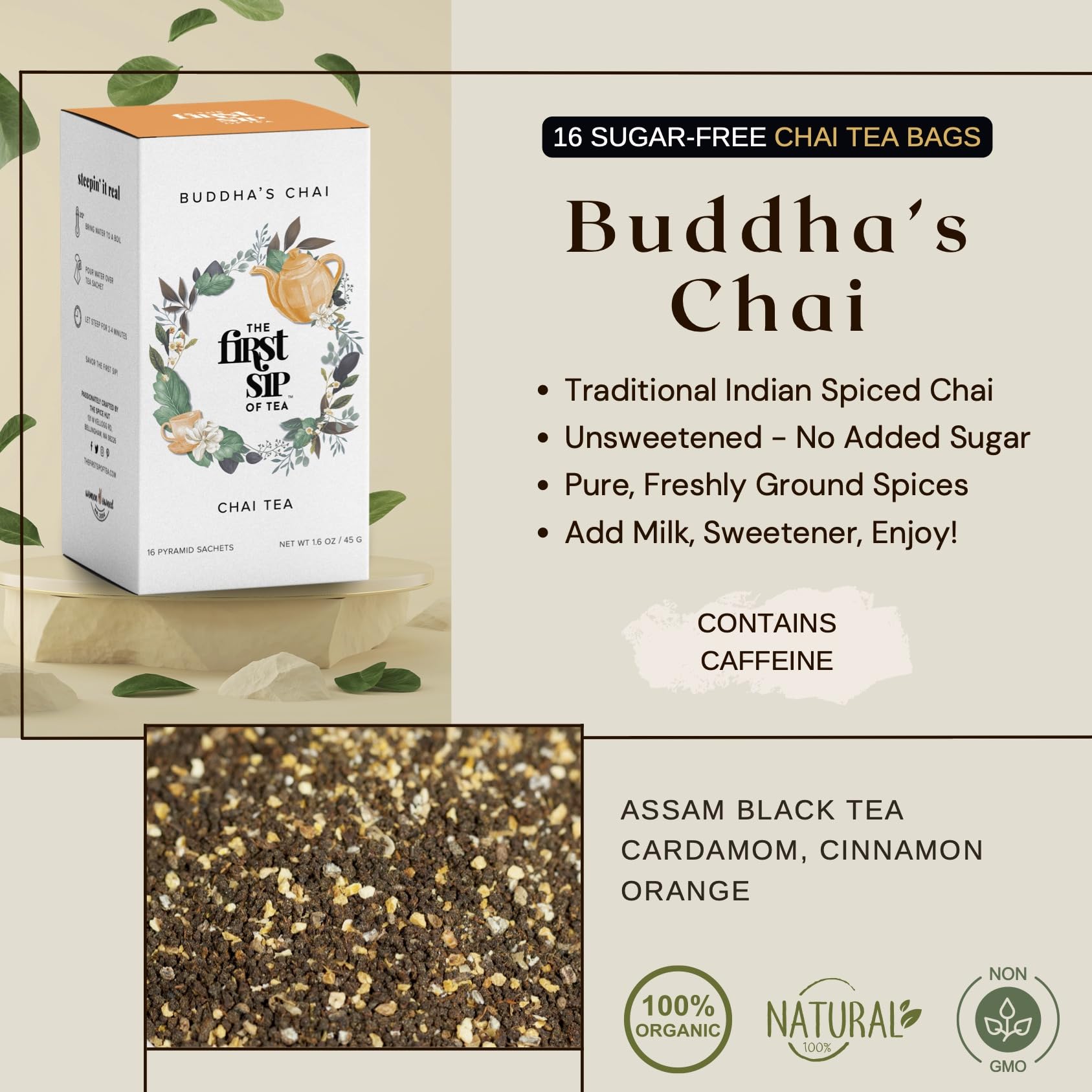Buddha's Chai, Cardamom Chai Tea Bags w/Cinnamon, High Caffeine, Hot & Iced Tea, 16 Cups, No Sugar Added Spiced Chai Black Tea | The Spice Hut, First Sip