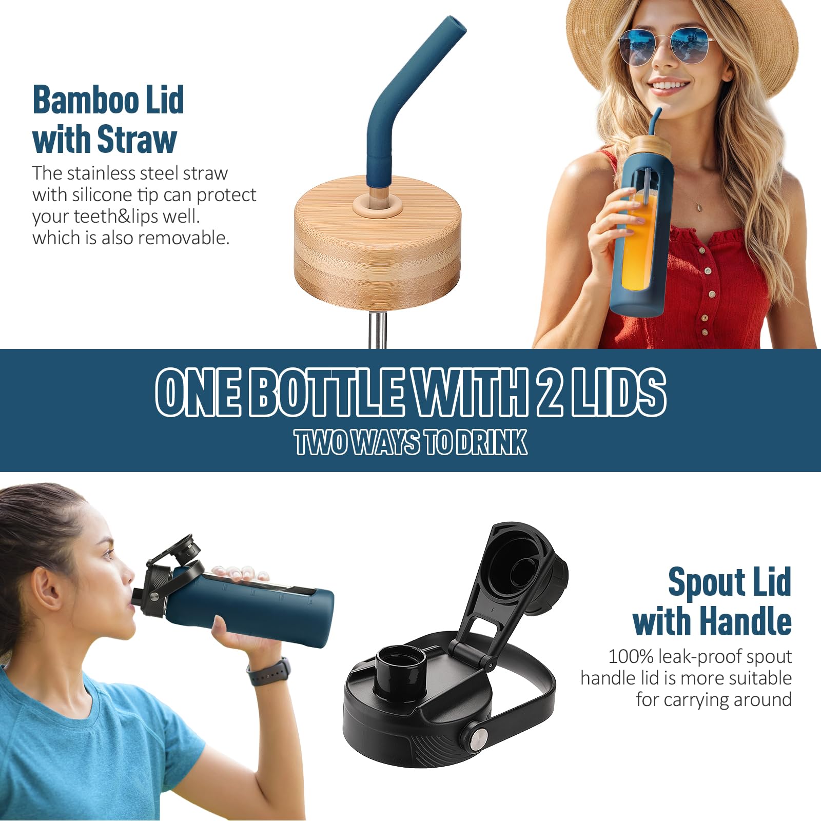 BLUEGO Borraccia Vetro 700ml con 2 Coperchi e Cannuccia, Sportiva Bottiglia d'Acqua con Custodia in Silicone e Indicatori di Tempo, Senza BPA, Blu scuro