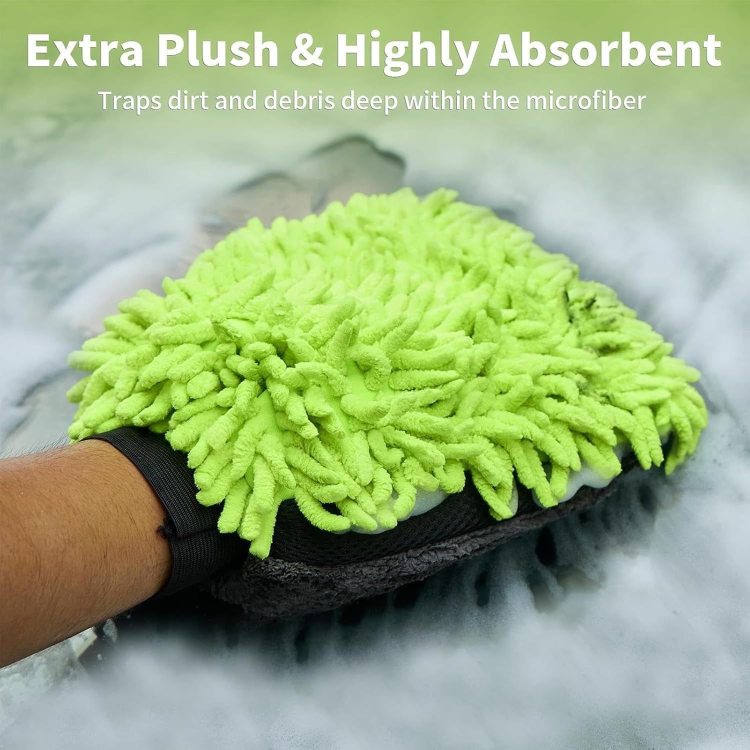 Car Wash Mit | Non-Lint Soft Scrub Pad Chenille Microfiber Cleaning Cloth Wash Gloves,Auto Detailing Washing Supplies, Double-Sided Exterior Care Products, Green