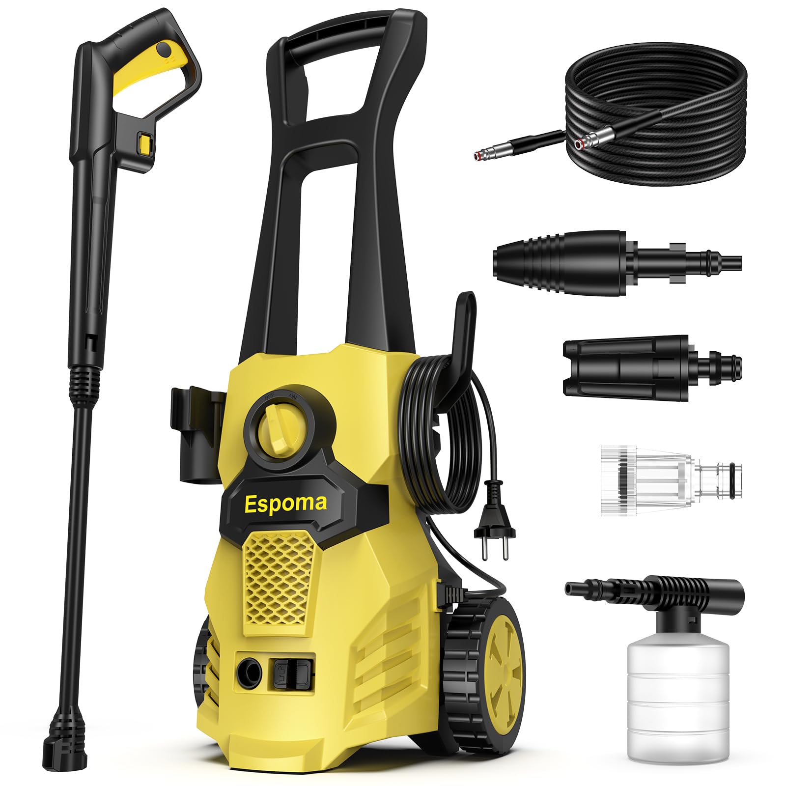Espoma Hidrolimpiadora de Alta Presión 1400W, Presión Máx. 120 Bar, Caudal Máx. 380 l/h – Incluye Manguera de 7m, Pistola, Lanza, Boquilla Turbo y Botella de Espuma – Ideal para Hogar, Jardín y Coche