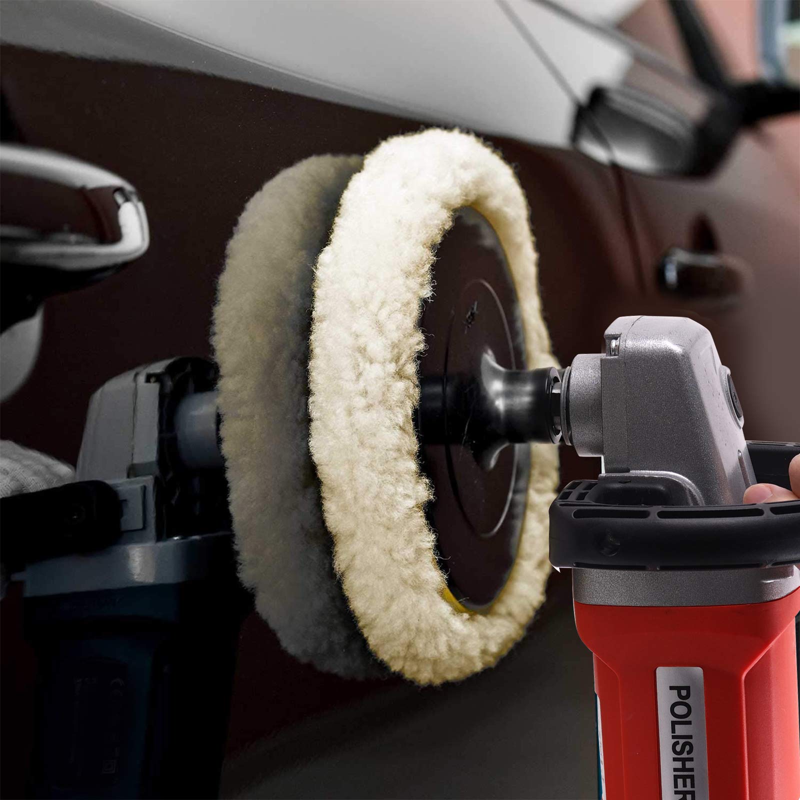 OTUAYAUTO - Cuscinetto per lucidatura in lana, 3 pezzi da 230 mm, 100% lana e 1 piastra di supporto per lucidatrice da 5/8-11