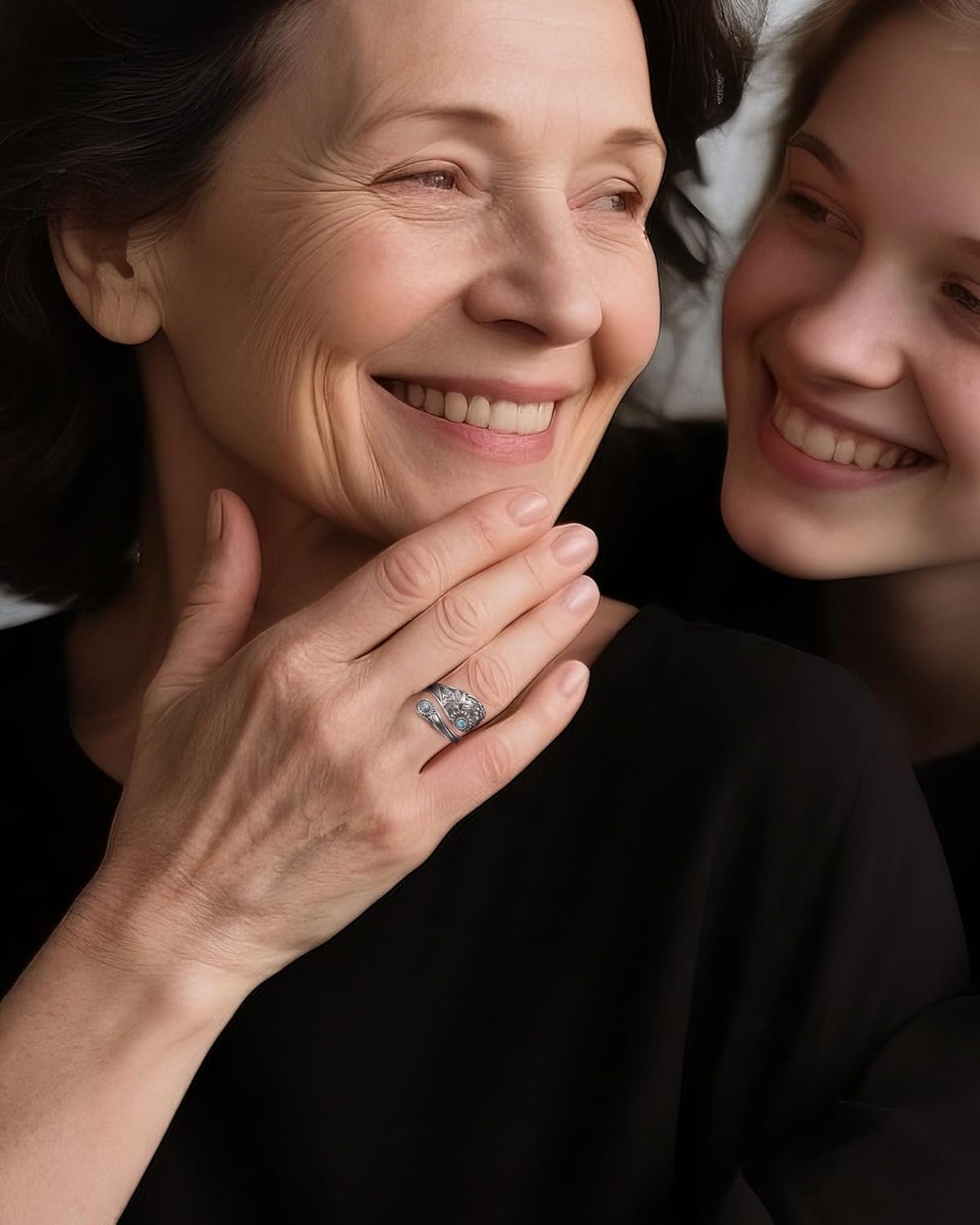 Turquoise/Opal/Obsidian/Abalone Dragonfly/Butterfly Sunflower Vintage Thumb Spoon Adjustable Ring Jewelry Gift for Mom/Daughter/Wife/Women (Turquoise Hummingbird, Mom)