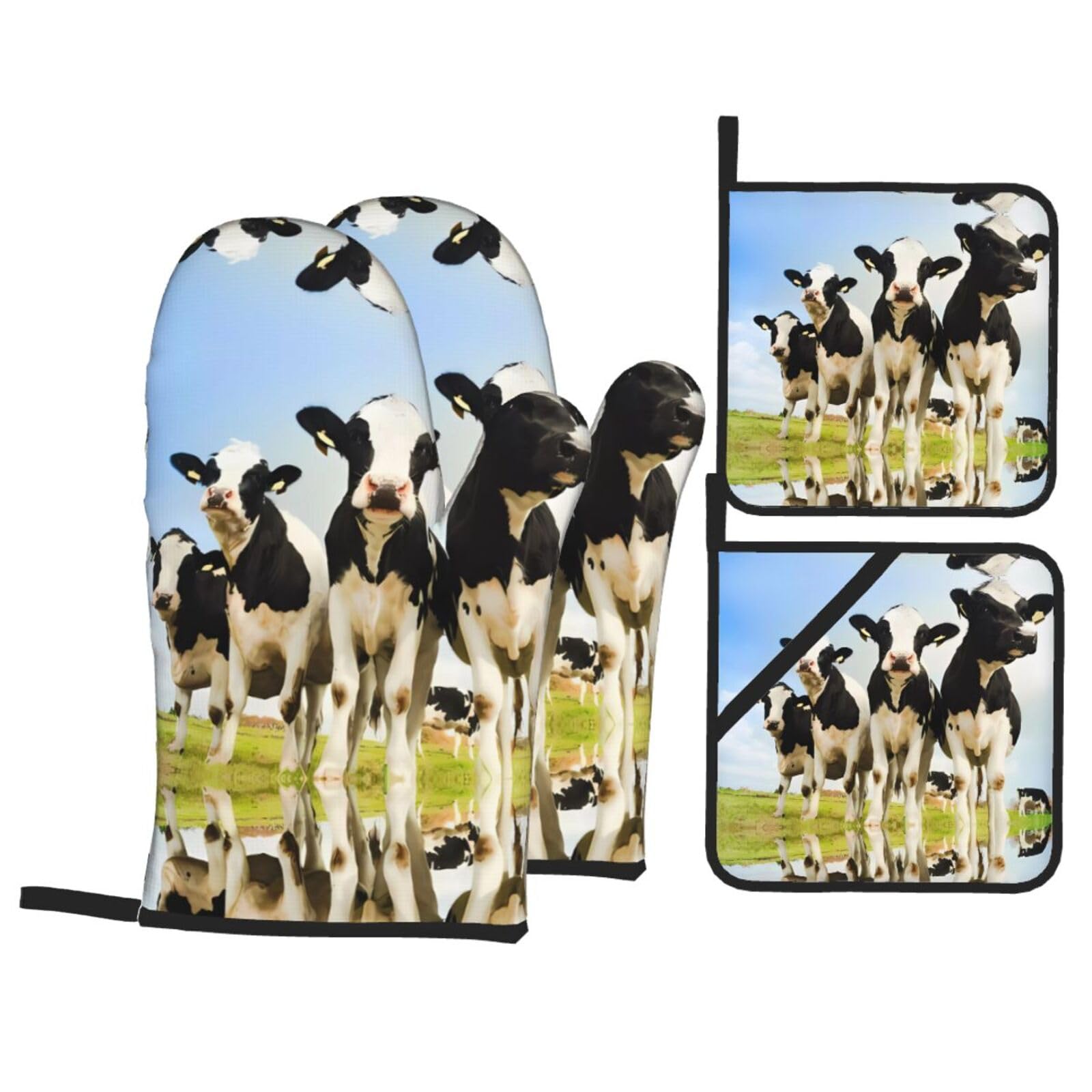 YYHHAOFA cute cow Prints Kitchen Baking Set with Heat Resistant Pot Holders & Oven Mitts - Waterproof Layer for Hot Dishes, Grill & Microwave