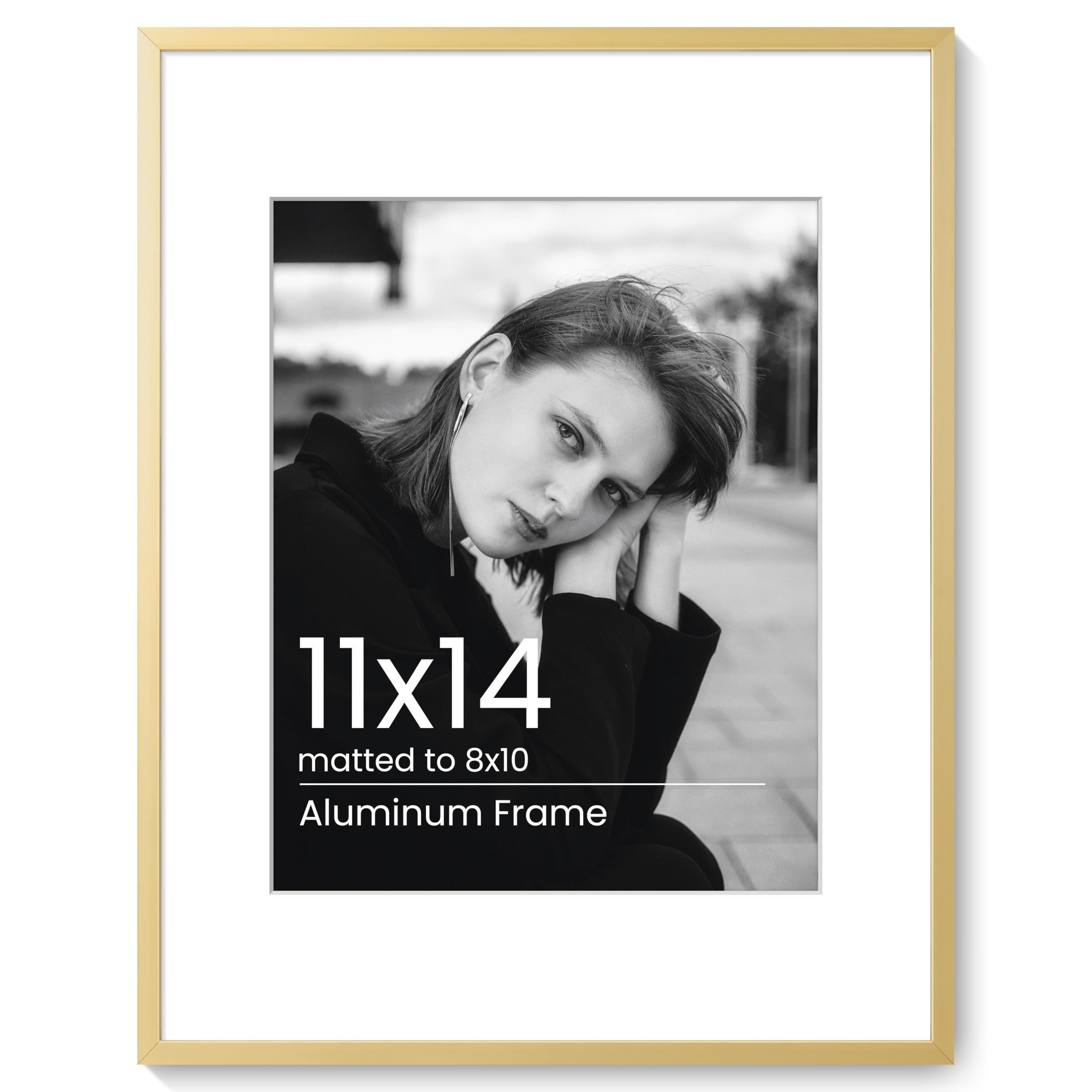 KovaScape 11x14 Aluminum Photo Frame - Modern Flat Metal Picture Frames with 8x10 Removable Mat and HD Glass - Versatile Wall & Tabletop Display for Gallery Art, Gold