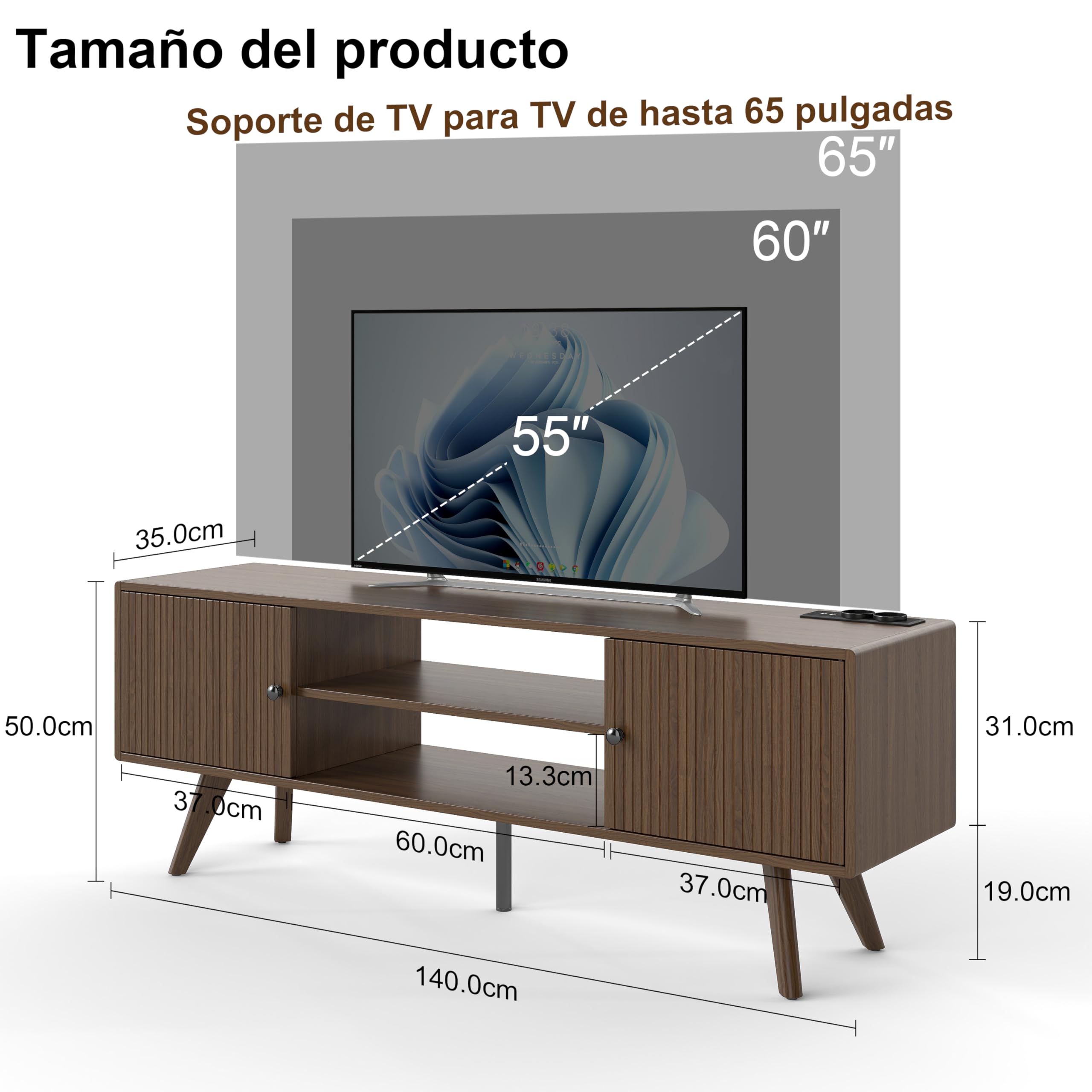 Manora Mueble de TV con Enchufe, Mesa de TV para hasta 65 Pulgadas, Mueble TV Salon con 2 Puertas y Estantes Abiertos, Mueble Television para Salon Dormitorio, 140 x 35 x 50cm, Marrón