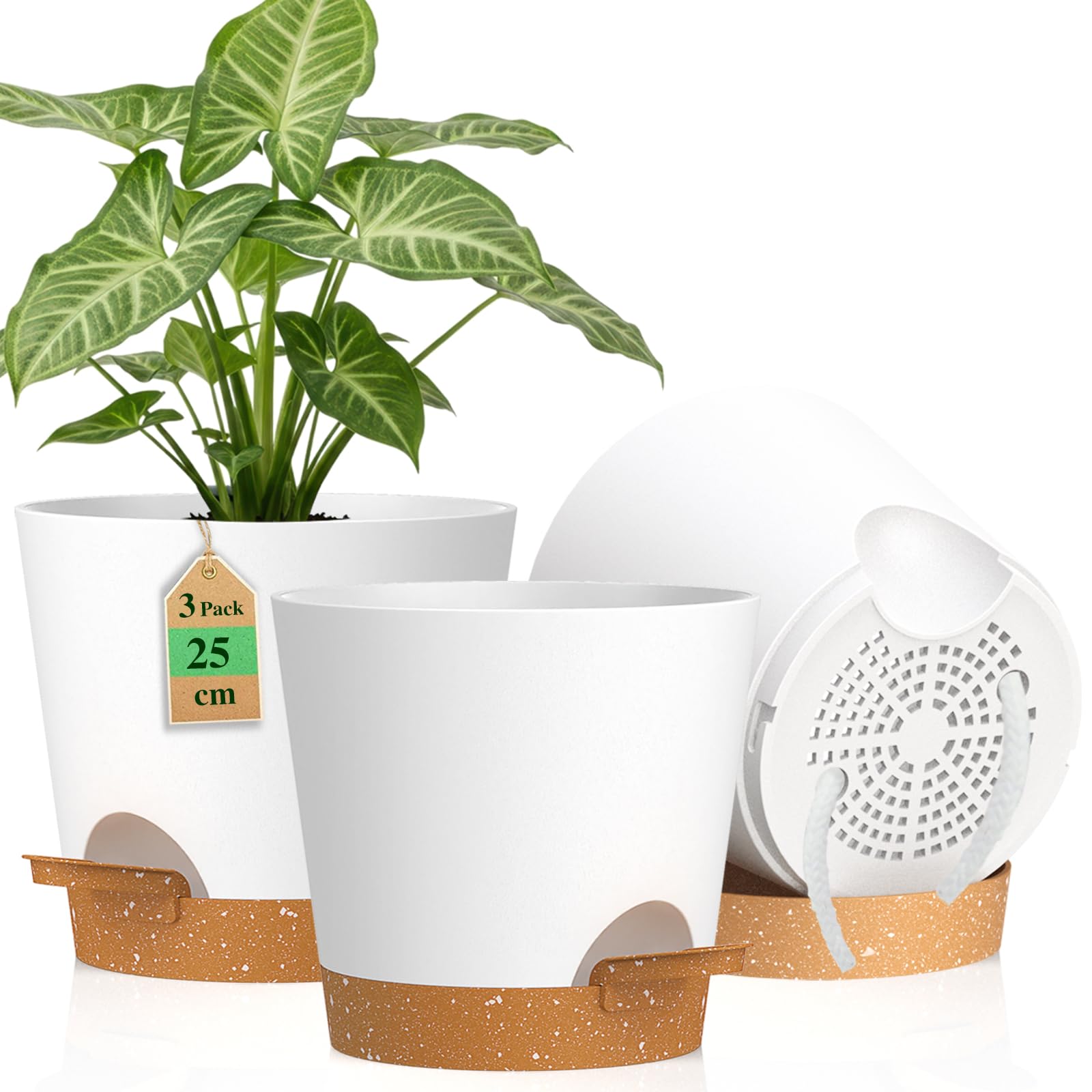 WSMKSZ 25cm Large Self Watering Plant Pots Indoor Outdoor, 3 Pack 10 inch Thick Plastic Flower Pots with Drainage Holes & Deep Reservoirs, Planters with Cotton Wicks for House Plants, White Brown
