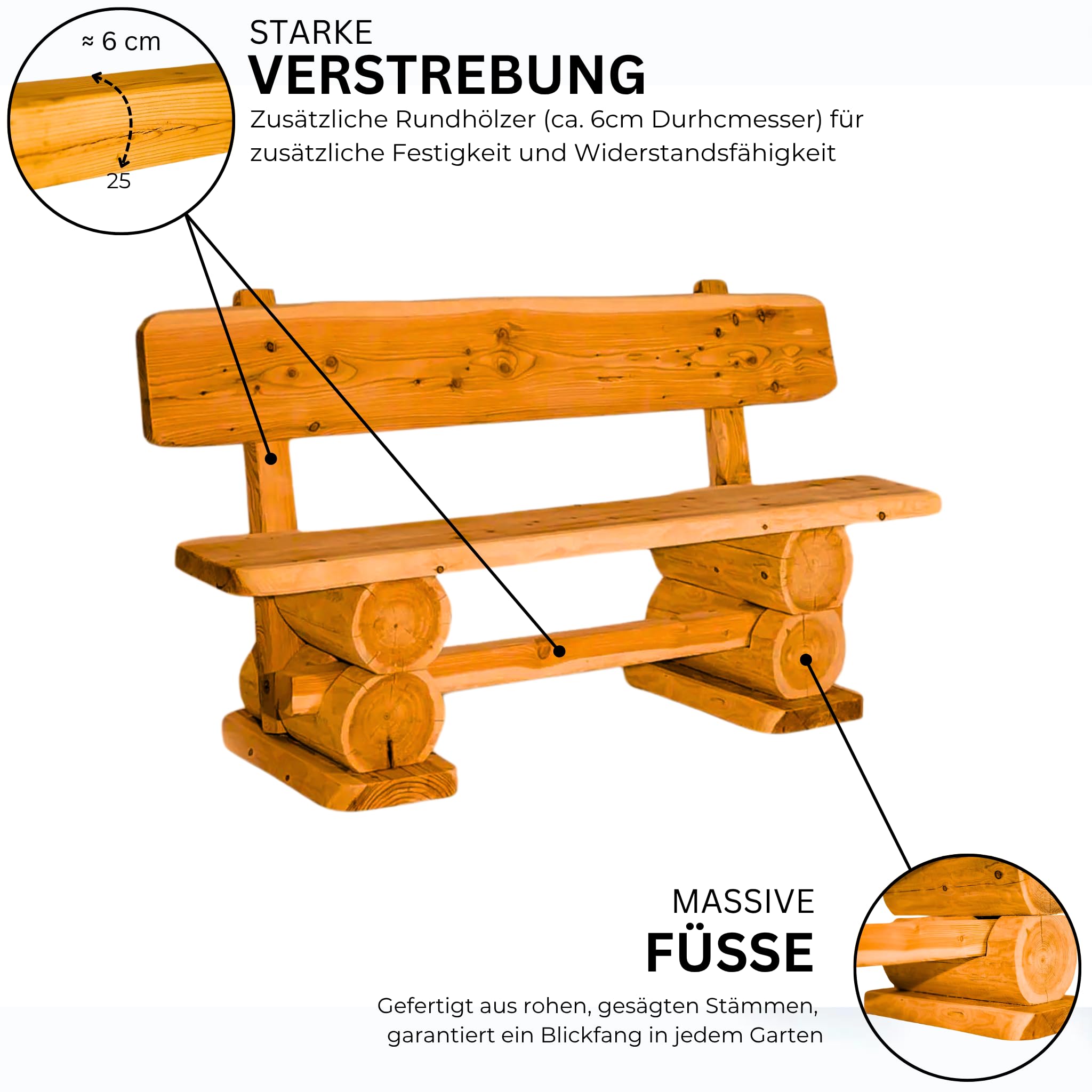 Mega Holz Gartenbank Rustikal Pinie Lasiert 160 cm - Massivholz Bank aus Kiefernholz - Fertig montierte Sitzbank für Terrasse, Garten & Balkon mit Rückenlehne - Für 3 Personen, wetterfest & robust