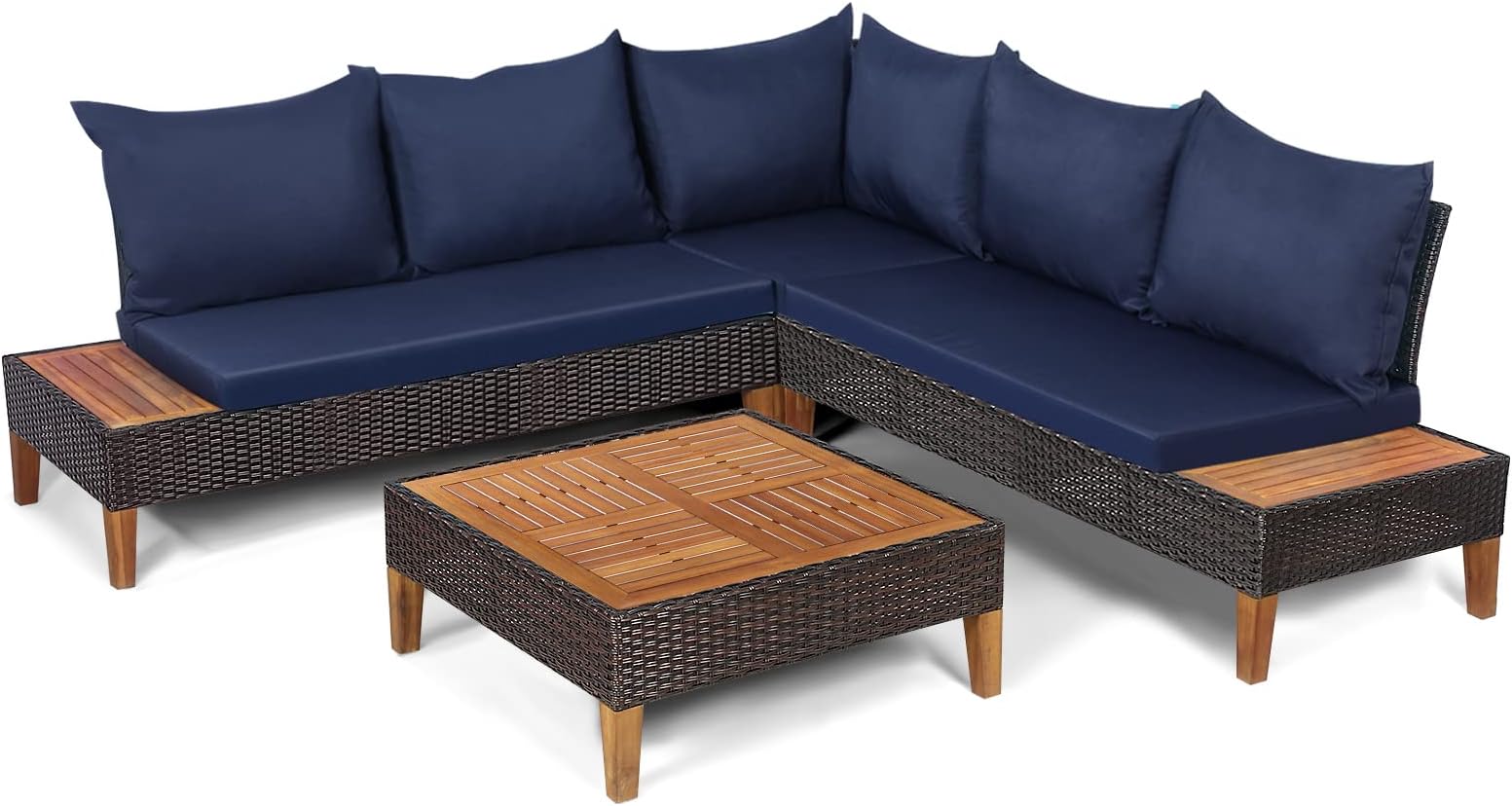 COSTWAY 5 Seater Garden Rattan Corner Sofa Set, Acacia Wood Patio Conversation Set with 2 Loveseats, 1 Sofa Chair, 1 Table and Cushions, Outdoor Sectional Wicker Furniture Set for Backyard Poolside