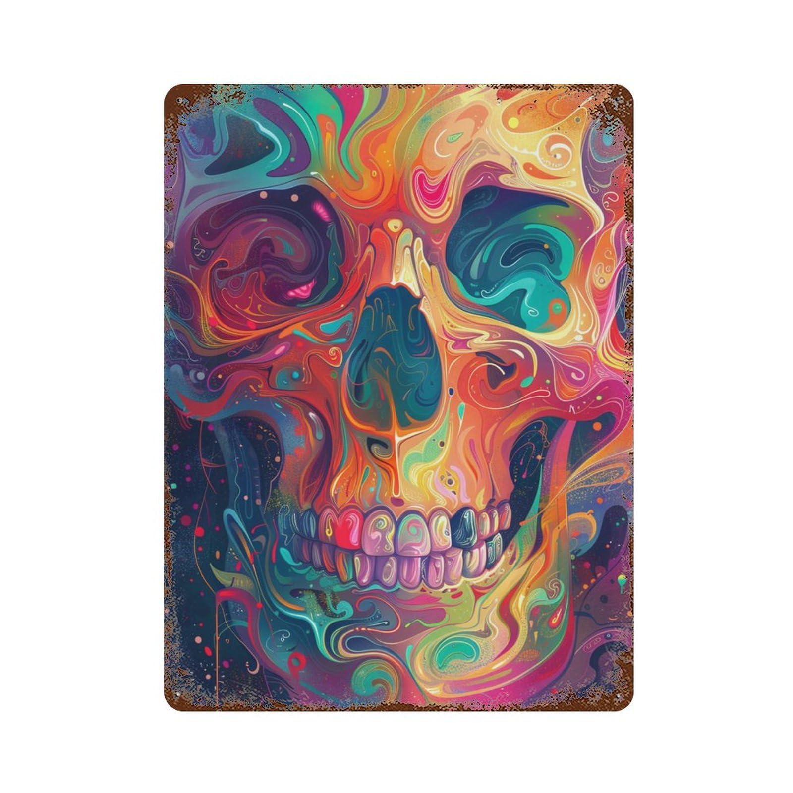 Colorful Skull Art Print-3 Weathered Tin Sign 15.7"x11.8", Farmhouse Wall Decor for Garage, Pub Or Kitchen