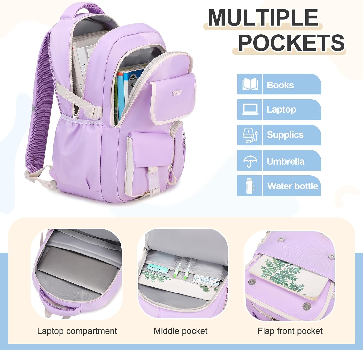 Backpacks for Girls, 3PCS School Backpack with Lunch Box Pencil Pouch for Teen Girls Kids Elementary Primary Middle High College Daypack School bag Bookbag Set(Purple) - Image 3