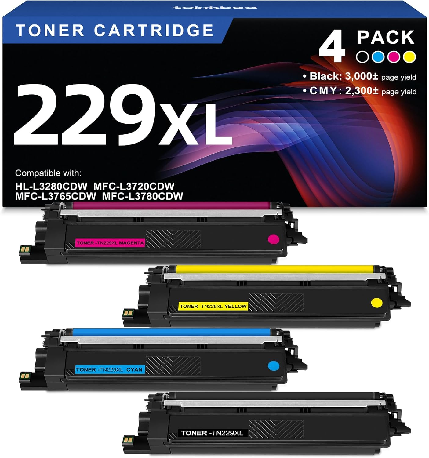 TN229XL 229XL TN229 High Yield Toner Cartridge Compatible Replacement for Brother TN229XL TN229 Works with Brother MFC-L3720CDW MFC-L3765CDW MFC-L3780CDW HL-L3220CDW HL-L3280CDW Printer (4-Pack)