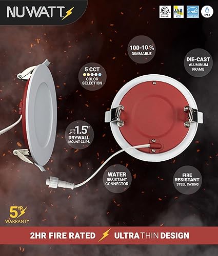 Miniatura 3 de NUWATT Paquete de 12 luces empotrables LED de 4 pulgadas y 2 horas, 2700 K3000 K3500 K4000 K5000 K seleccionables, 900 lúmenes, regulable,