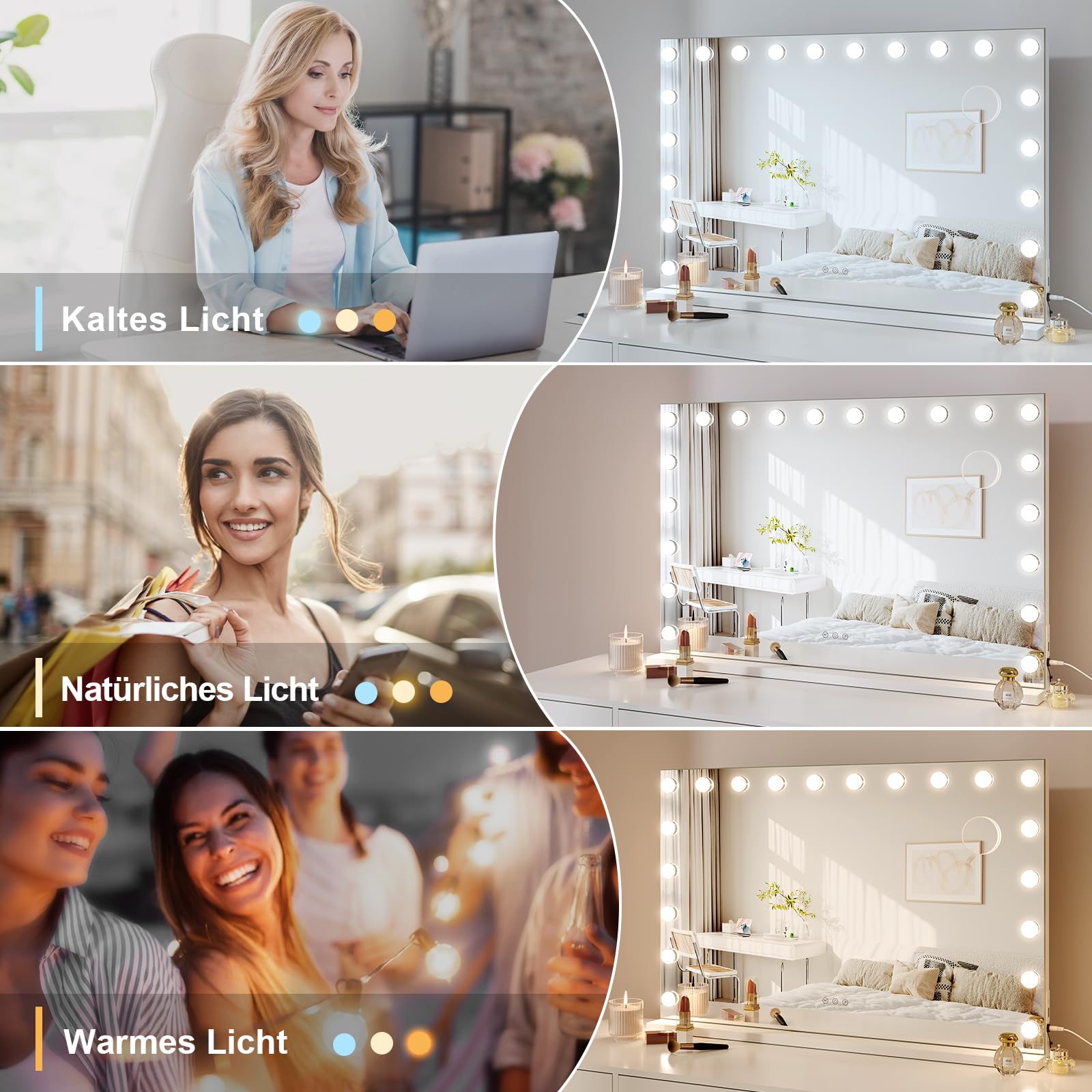 Dripex Hollywood Schminktischspiegel, Schminkspiegel mit 20 Lampen und 3 Farbtemperatur Licht, Kosmetikspiegel mit Touch Steuerung, 90 x 60 cm Weiß, Aufstellung oder Wandmontage