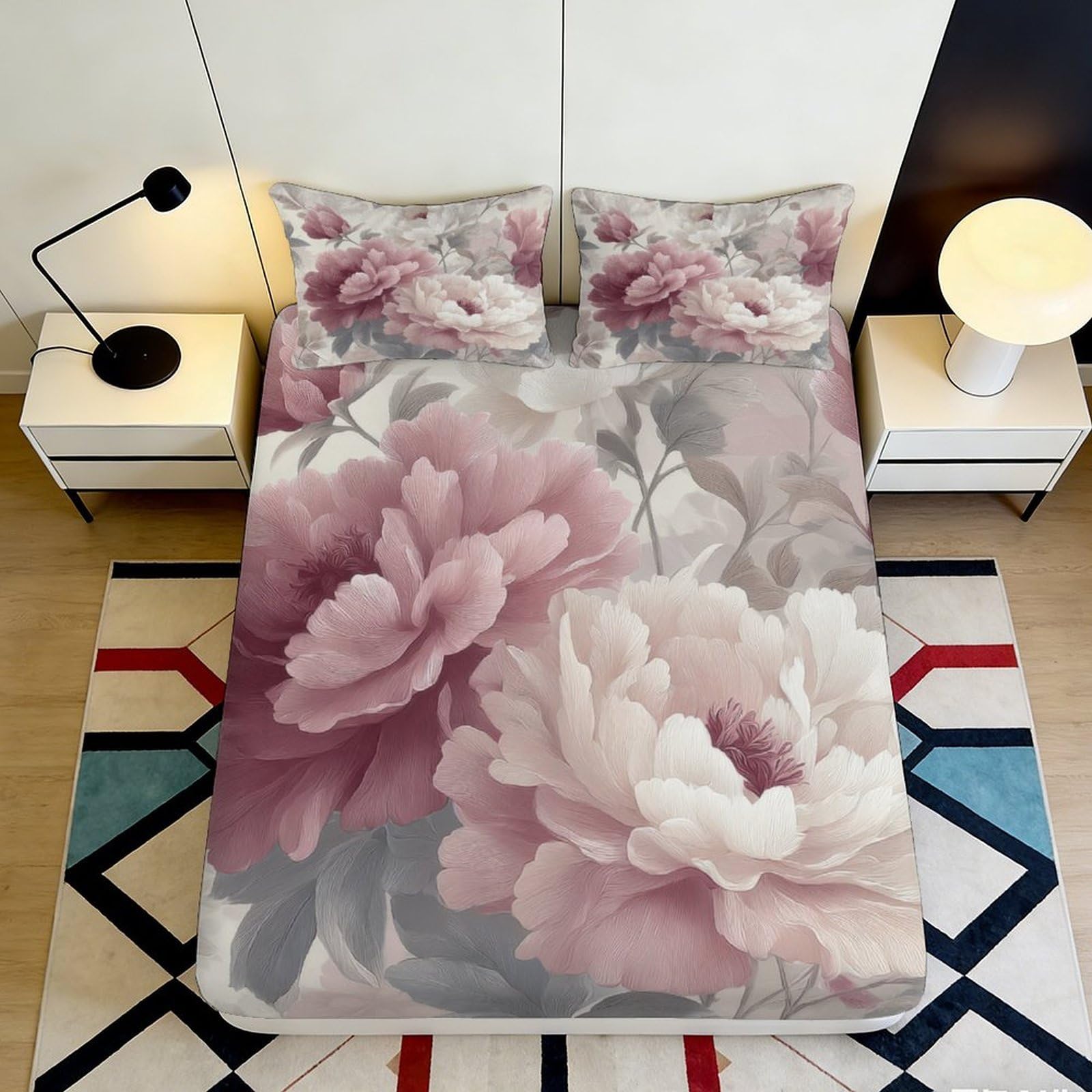 Jqzkxnhpbr Style-9 3D Printed Peony Blossom Fitted Sheet Microfiber Soft Floral Mattress Cover For Bedroom Guest Room Protective Decor 90X200x25cm