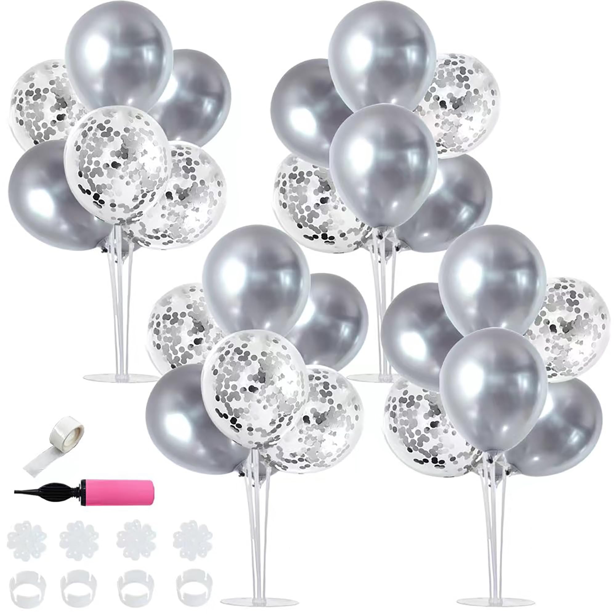 TONIFUL 4 Silver Balloon Stand Centerpiece Table Decorations for 25th Wedding Anniversary Bridal Shower 2026 Graduation Party Decoration, New Year