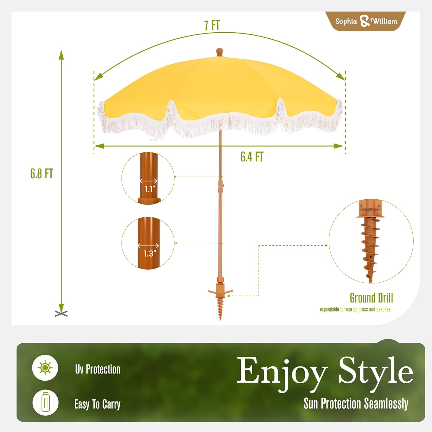Sophia & William 7ft Outdoor Beach Umbrellas with Fringe, Portable Tilt Umbrellas for Sand, Patio, Lawn, Garden, Pool, Outing, Balcony