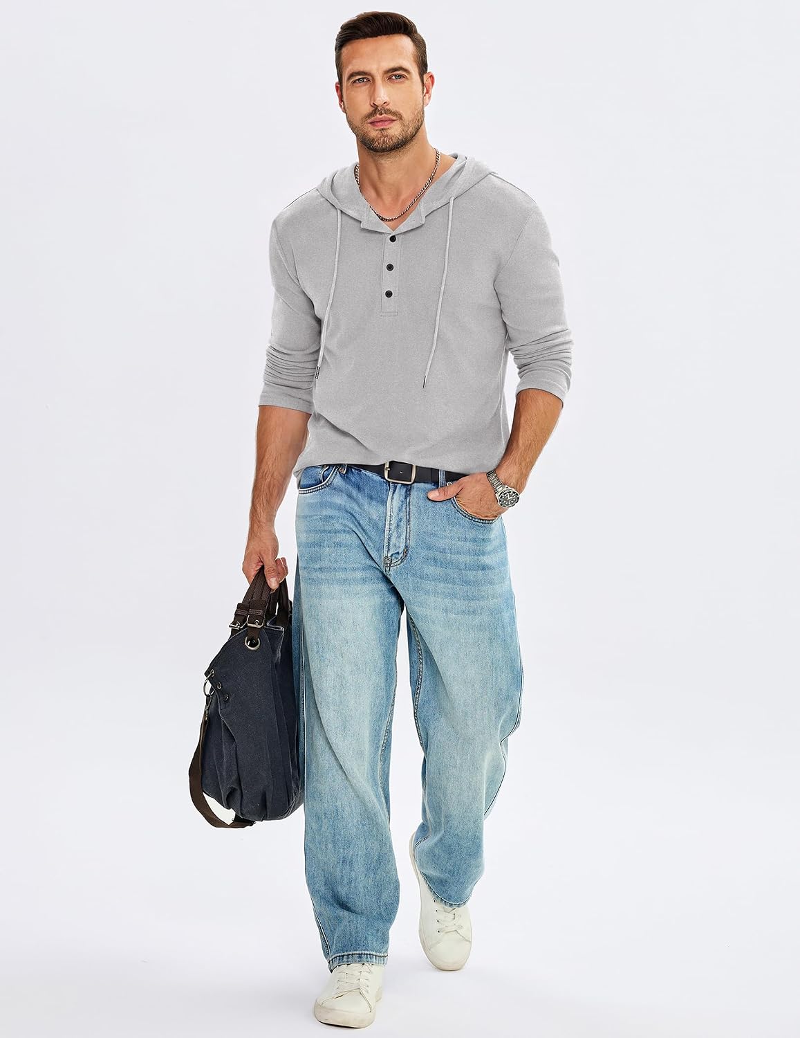 JMIERR Men's Hooded Pullover Fleece Long Sleeve Muscle Fit Henley Shirts image 5