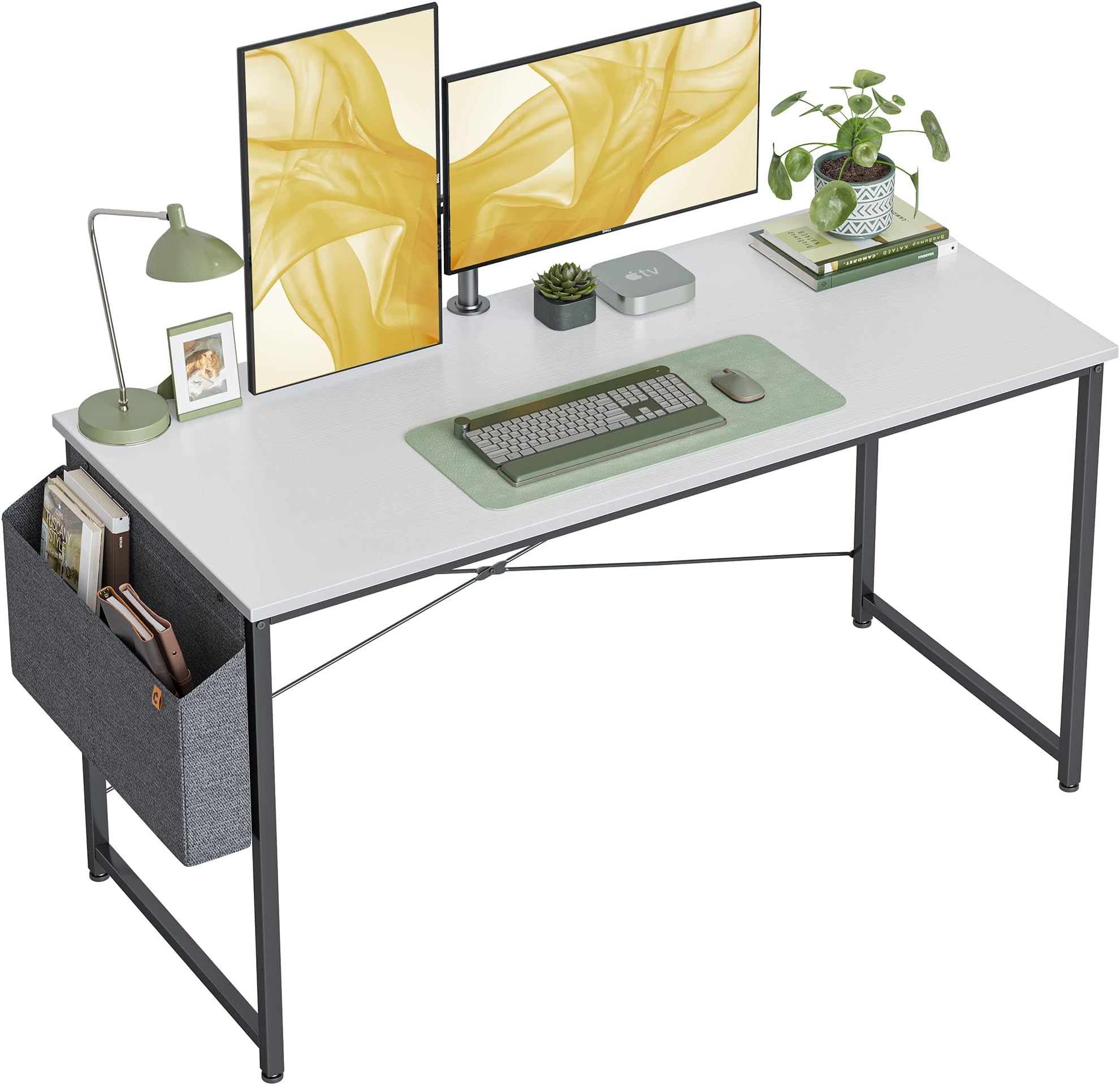 Cubiker Computer Desk 55 inch Home Office Writing Study Desk, Modern Simple Style Laptop Table with Storage Bag, White