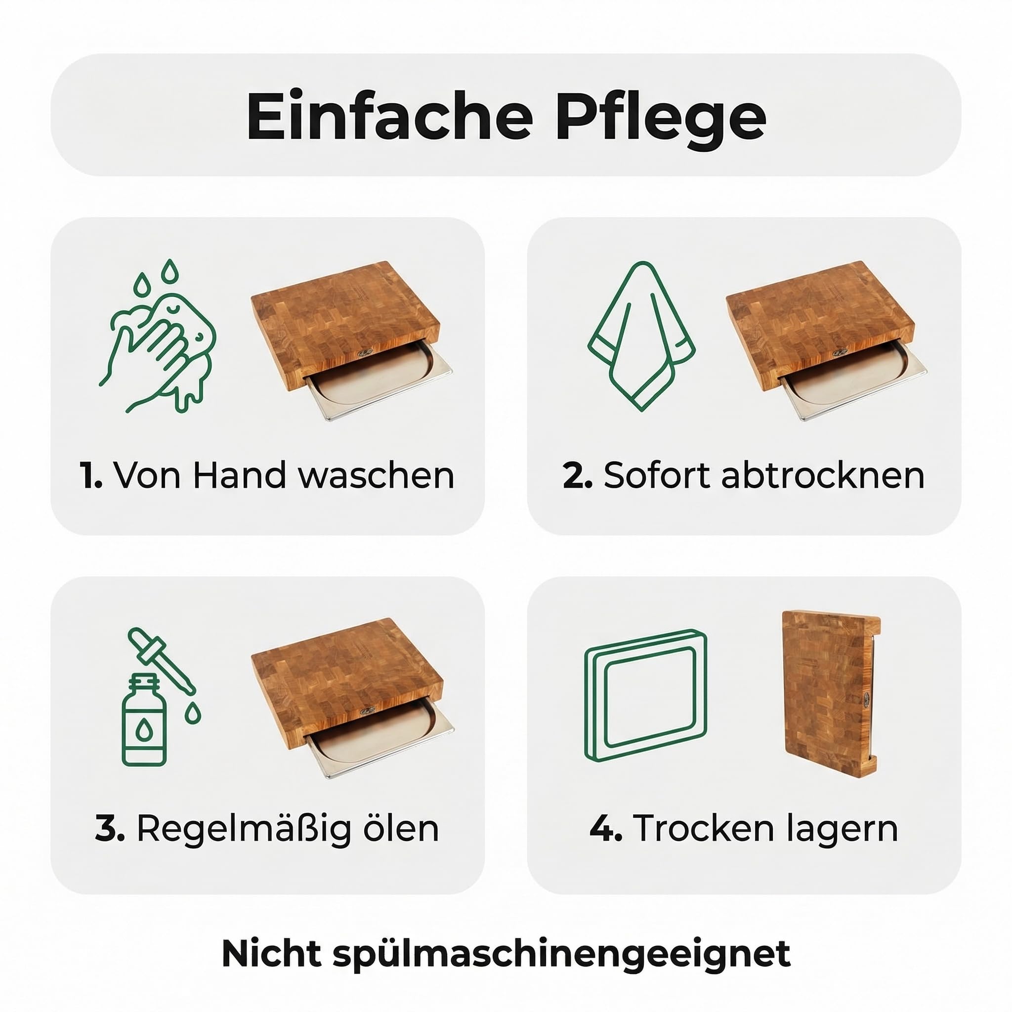 B4K® Stirnholz Schneidebrett Eiche 40×30×6 cm mit Auffangschale | Massiver Hirnholz Hackblock, Mit Auffangschale & Silikonfüßen, Antibakterielles Holz, Für Fleisch, Brot, Gemüse
