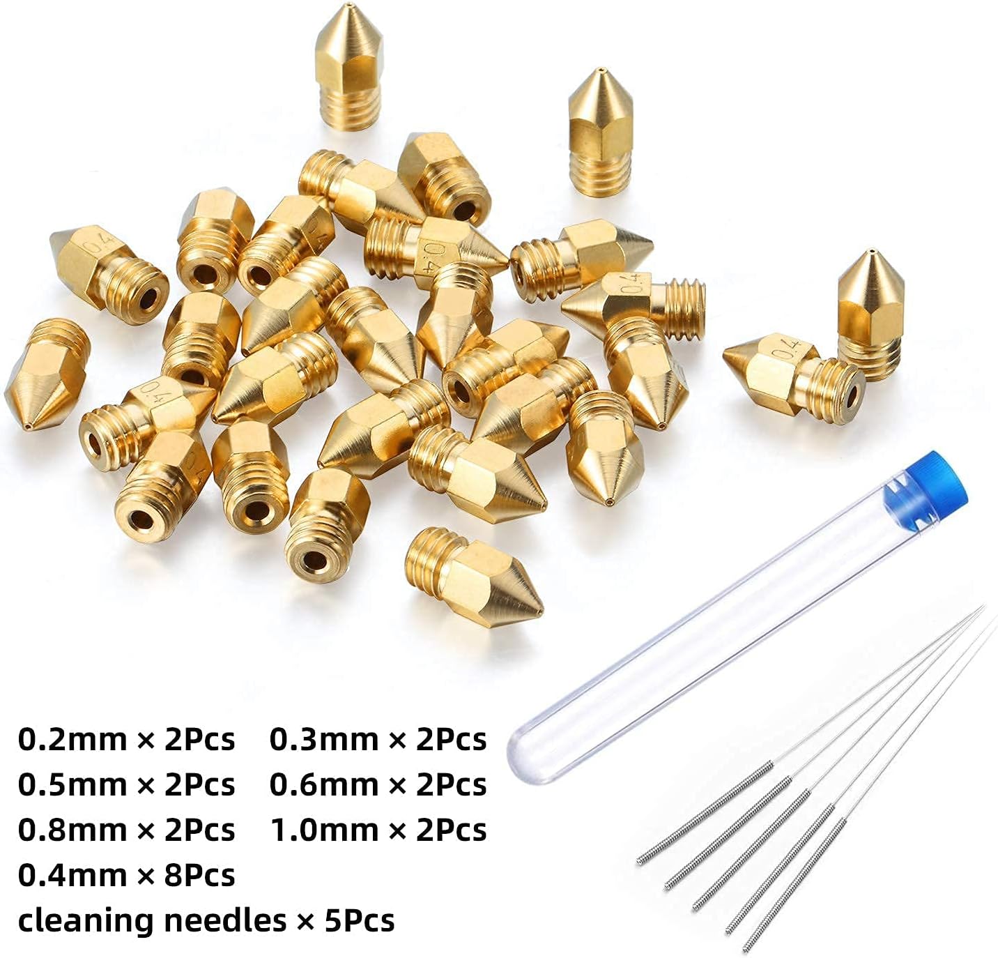 25Pcs 3D Printer Nozzle Kit MK8 Extruder Nozzles Brass Print Head 0.2mm, 0.3mm, 0.4mm, 0.5mm, 0.6mm, 0.8mm, 1.0mm with Storage Box Compatible with 3D Printer Makerbot Creality CR-10 Ender 3 5 : Industrial & Scientific