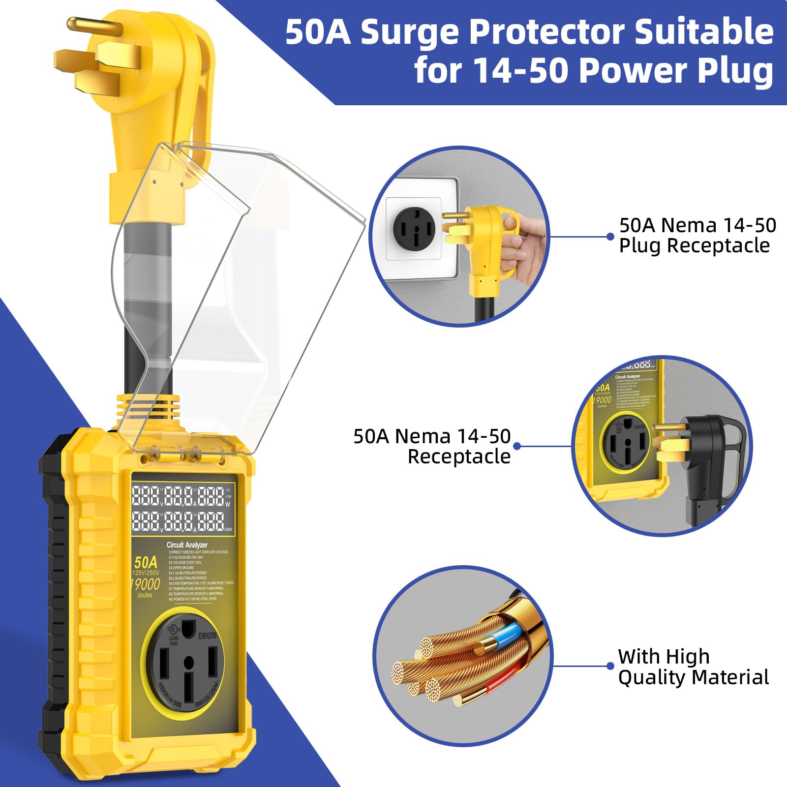 Protector de sobretensiones de 50 amperios para Rv impermeable IP67, 19000 J mejorado RV Power Surge Protector con certificación de seguridad, enchufe adaptador RV para caravana, analizador