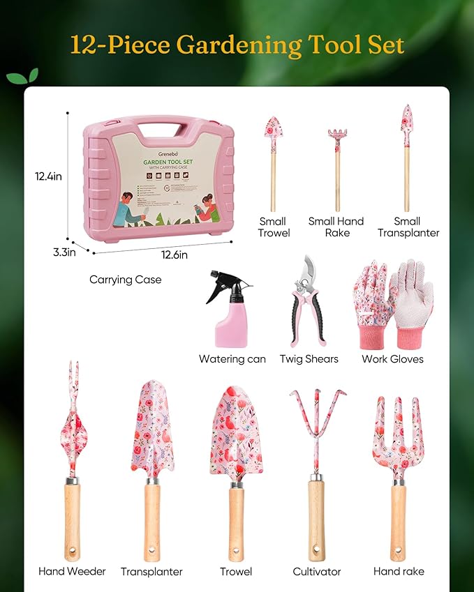 Set de 12 herramientas para jardinería con estuche rosa miniatura 2