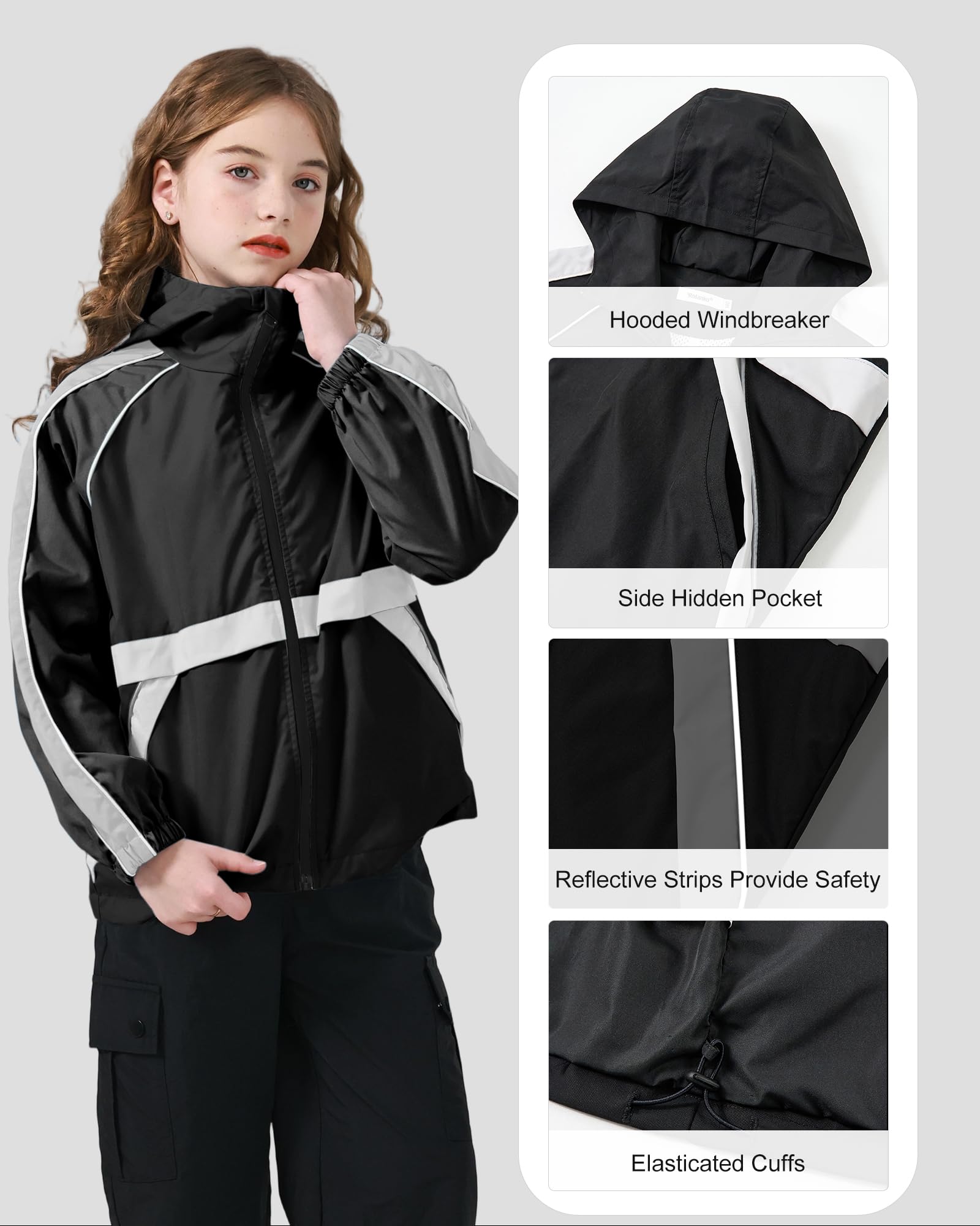 Rolanko Chaqueta Impermeable con Capucha para Niñas, Chaqueta Cortavientos Ligera con Cremallera para Niños