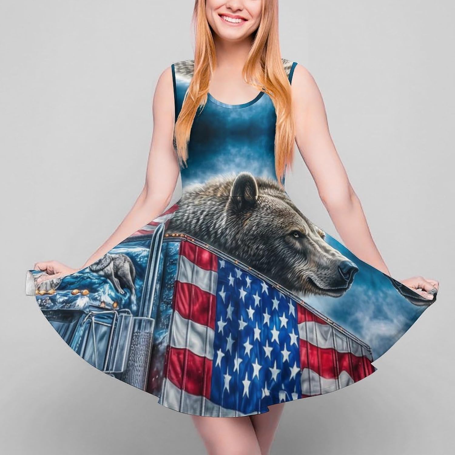 U.S Flag Bear Truck Women's Dresses Round Neck Dress Sleeveless Tank Dress Ruffle Hem Sundress